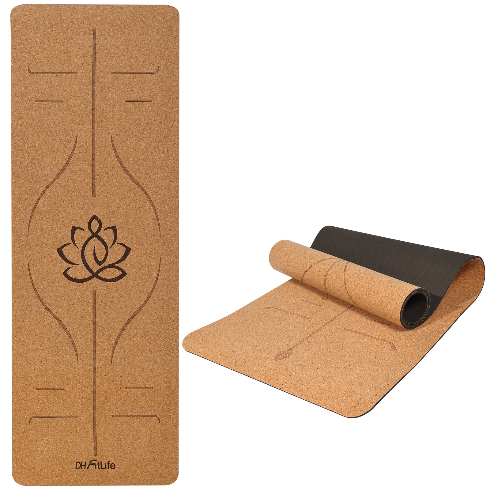 Dh Fitlife Cork & Tpe Yoga Mat, 183 X 61 X 0.6 Cm, Non-slip Exercise Mat With Orientation Lines, Includes Carrying Strap