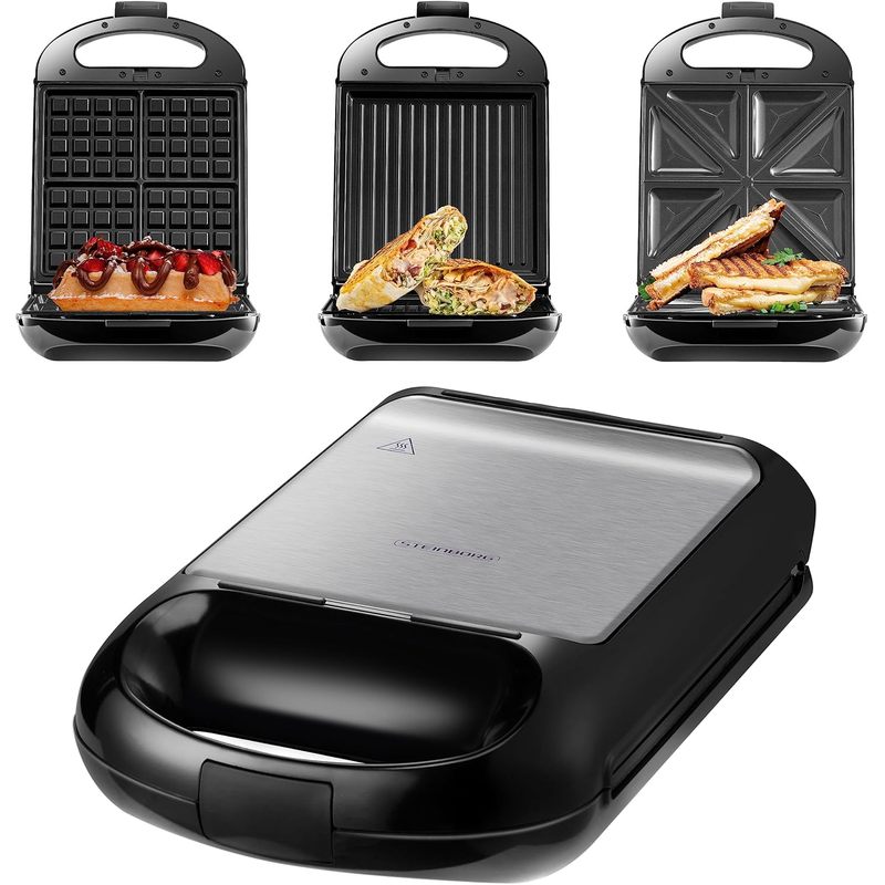 Image of 3in1 Sandwichmaker Xxl | 3 Auswechselbare Platten | 1200 Watt | Kontaktgril | 4er Sandwich Maker | | Waffel Eisenl | Elektrogrill | Waffeleisen