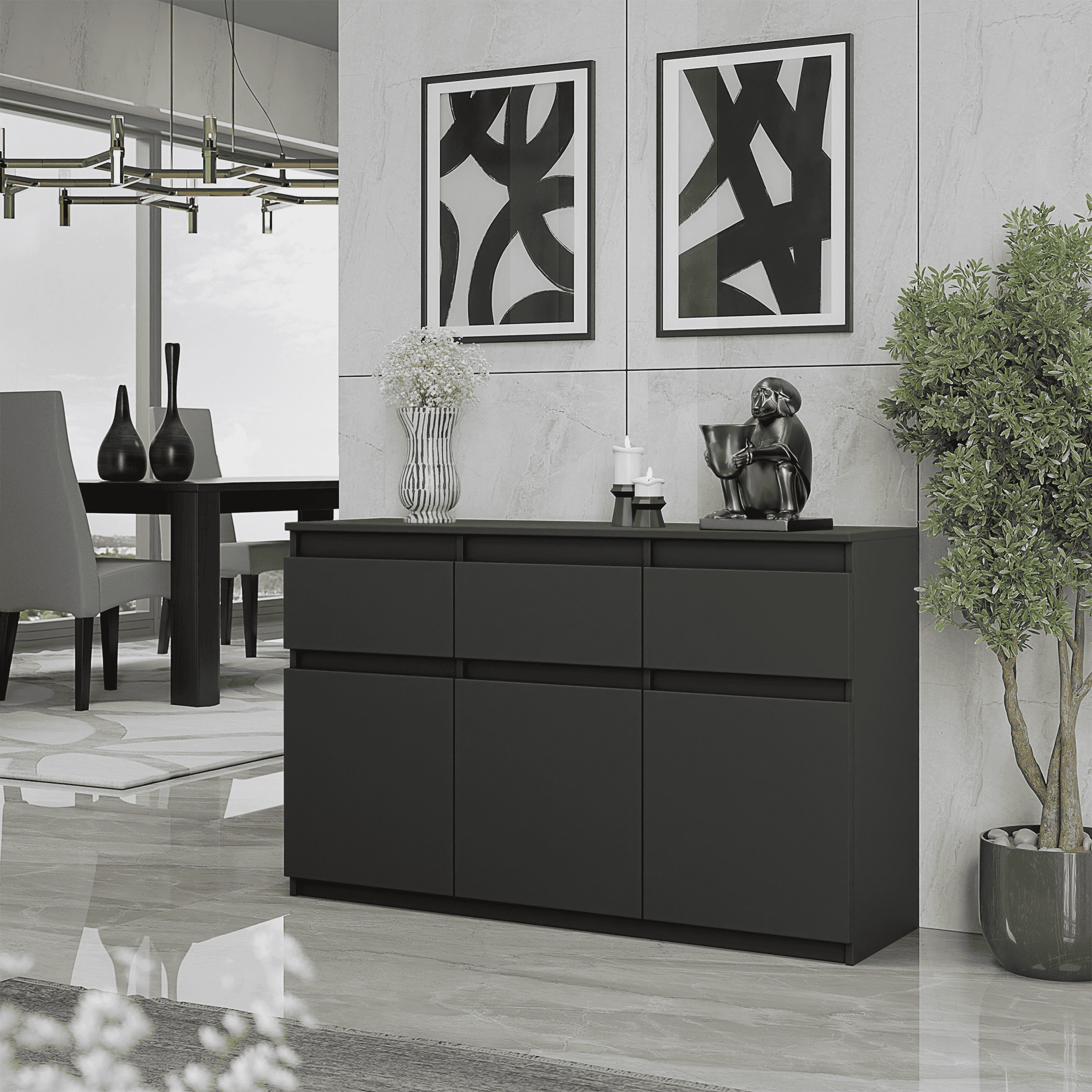 TEMU Chest Of Drawers / Sideboard With 3 Drawers And 3 Doors - 120x75x35cm