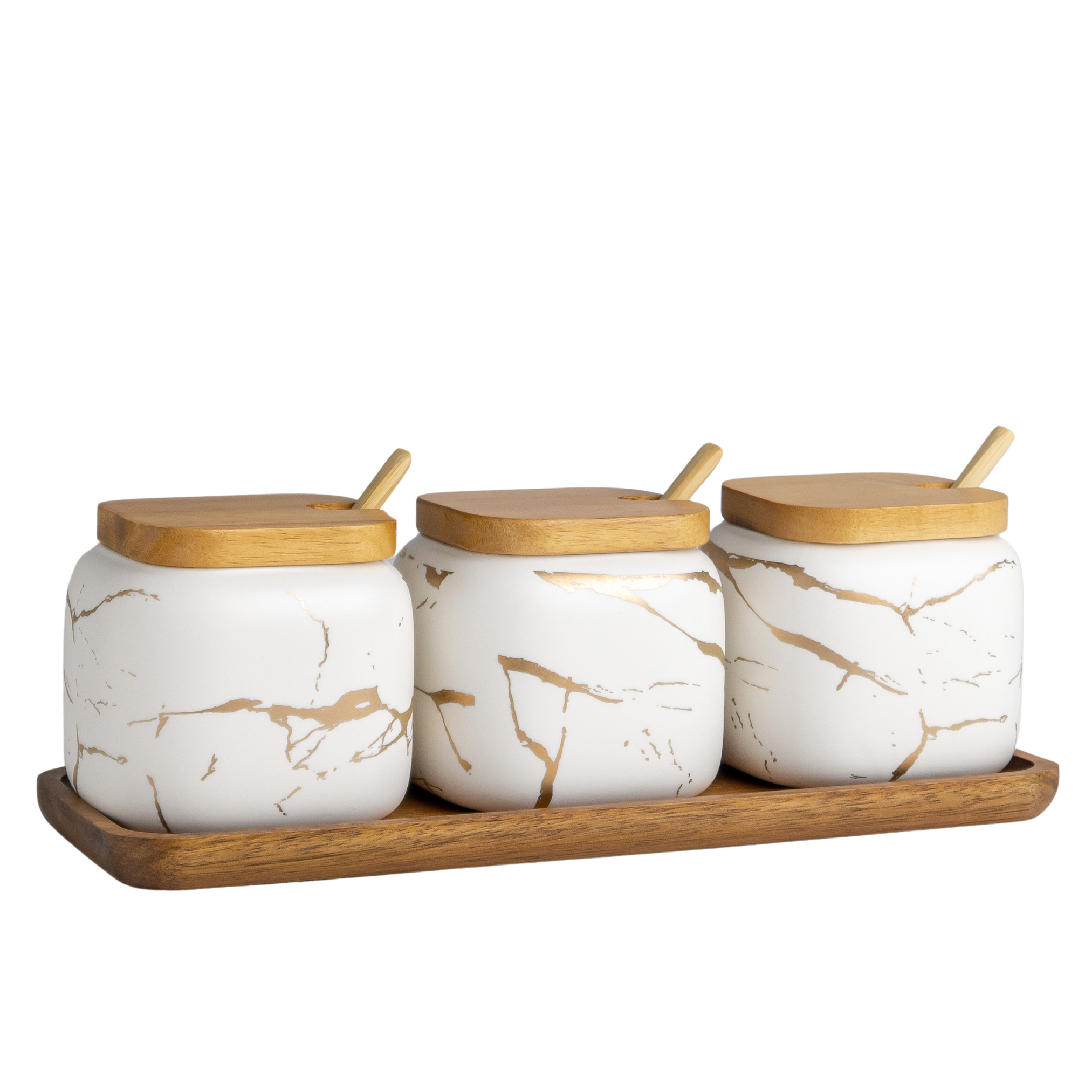 Image of 3-piece Sugar Bowl Set With Lid And Spoon - Ceramic Spice Containers In Marble Design With Wooden Tray - Salt, Pepper, Spice Jars, Bowls, And Storage Containers For Kitchen