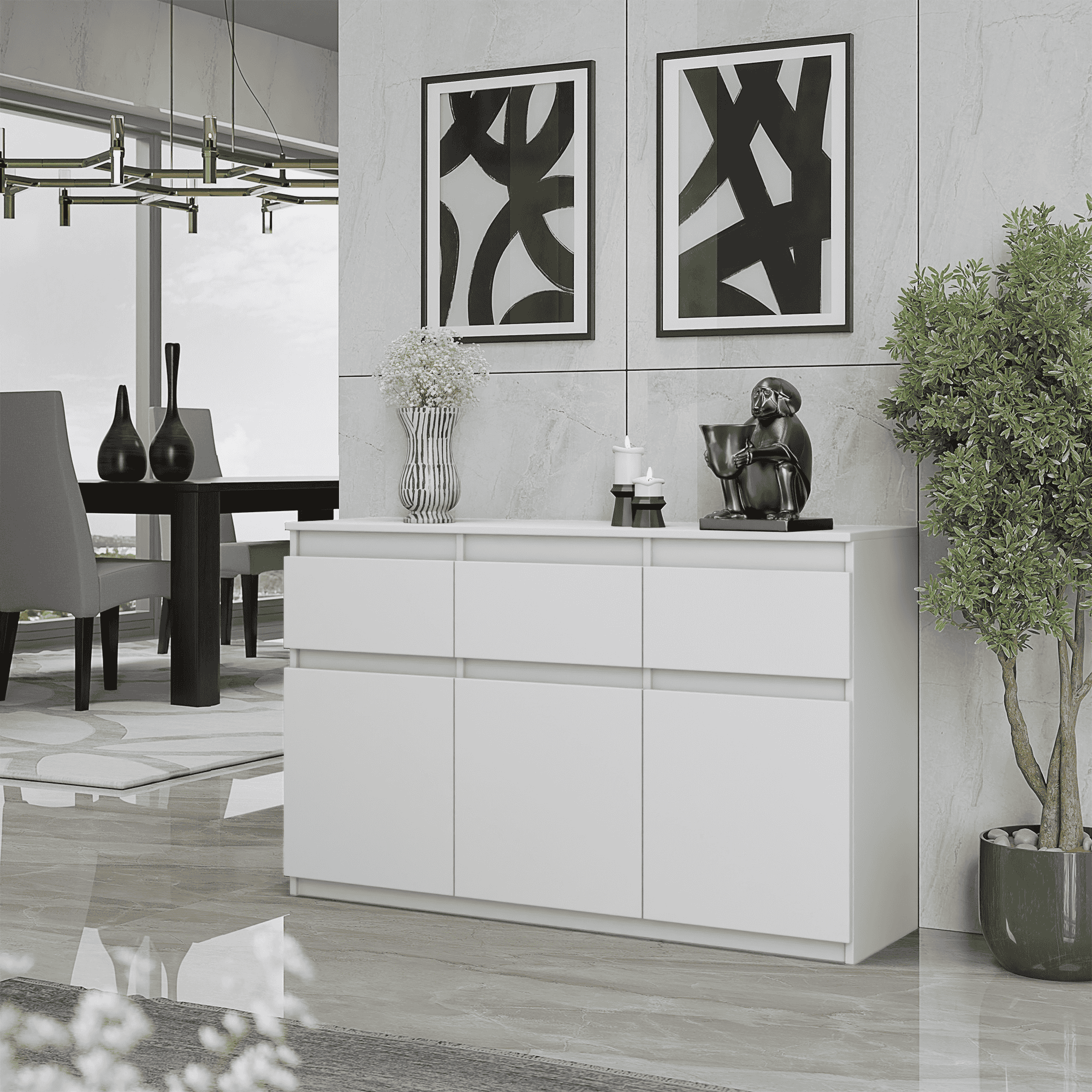 Image of Chest Of Drawers / Sideboard With 3 Drawers And 3 Doors - 120x75x35cm, , Hardwood Material, Versatile Wardrobe