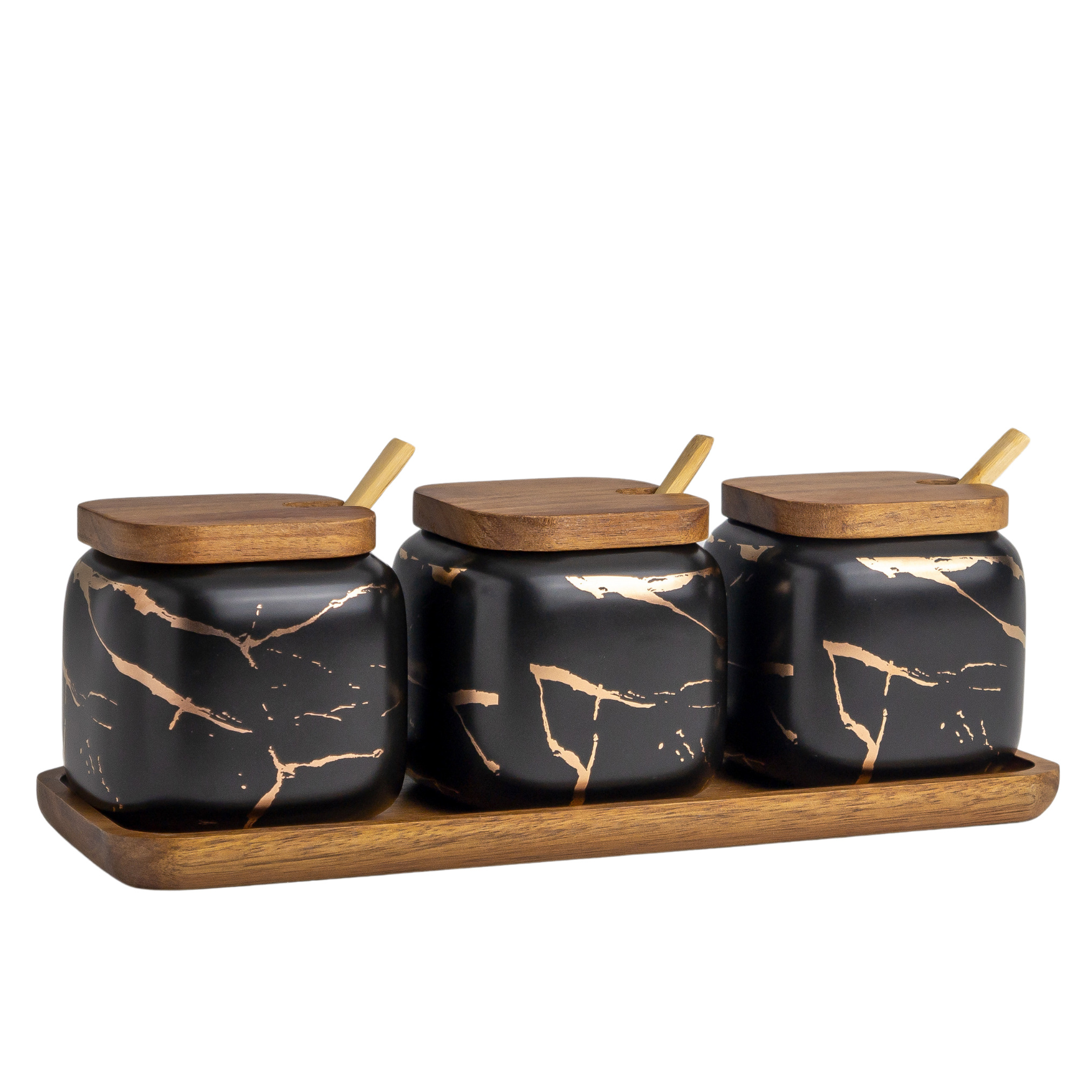 Image of 3-piece Sugar Bowl Set With Lid And Spoon - Ceramic Spice Containers In Marble Design With Wooden Tray - Salt, Pepper, Spice Jars, Bowls, And Storage Containers For Kitchen