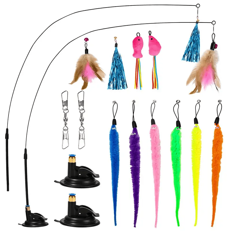 TEMU Cat Toys, 16 Pieces Cat Toys With Artificial Feathers, Cat Toys With 2 Pieces Retractable Interactive Cat Fishing Rod And 14 Pieces Artificial