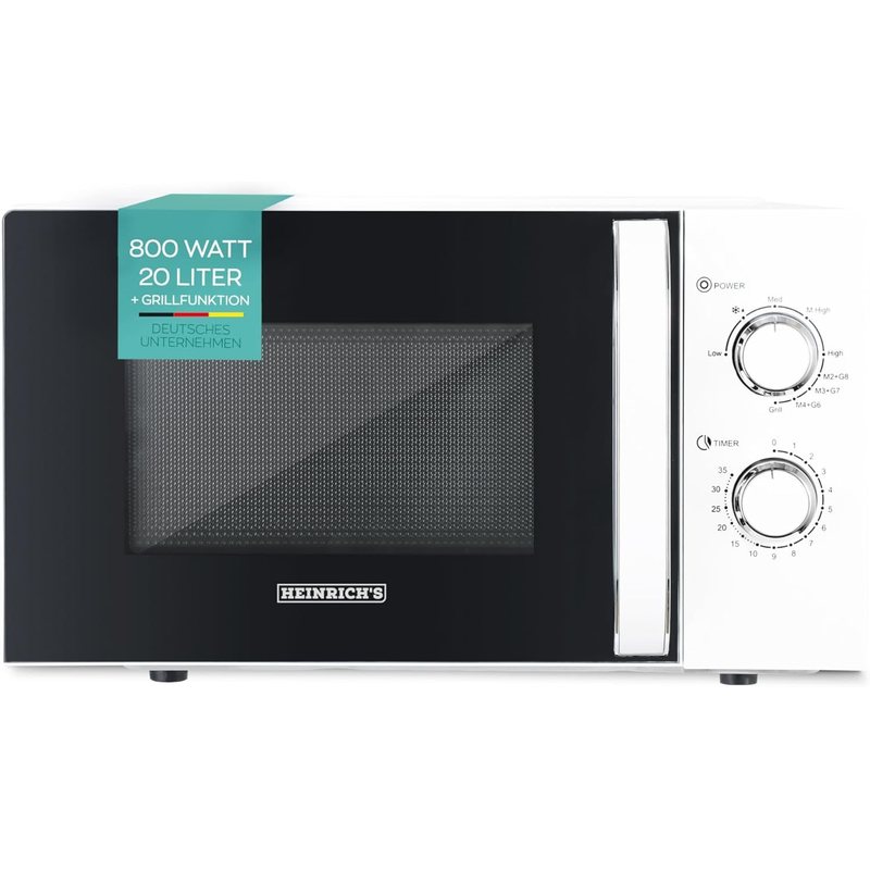 Image of Microwave, Compact Microwave, 20l Capacity, Levels, Includes 35-min Timer, Function, Interior Light, 360° Turntable, With Grill Function, 800w Power, Heinrich's (white)