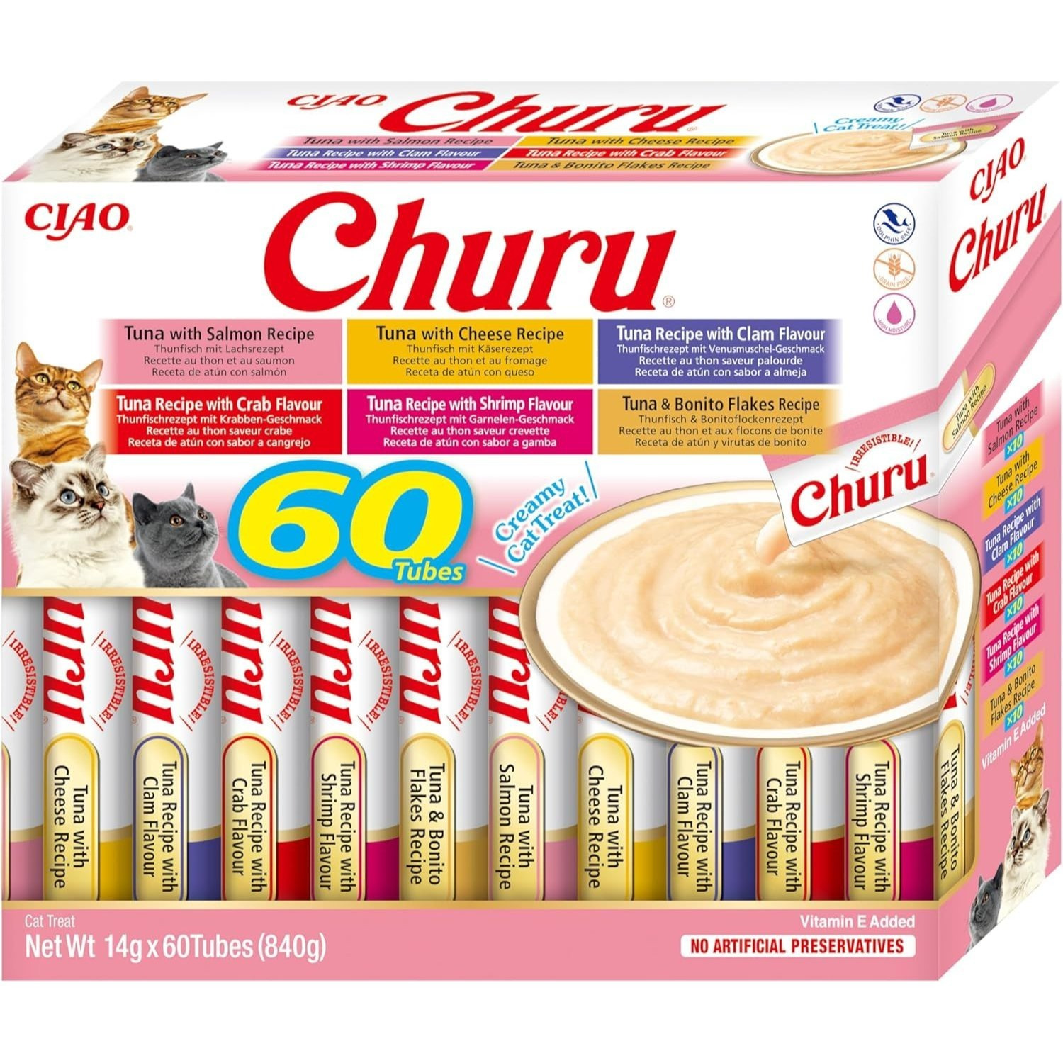 TEMU CHURU – , 60 UNIDADES MIX de Snacks Sludables Base De ATÚN, para Gatos, Delicoso, Snack Liquido