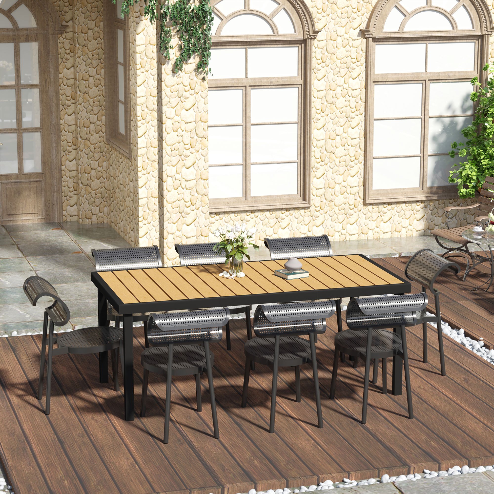 Garden Table For 8 People, Dining Table, Aluminum Table, Garden Furniture, Lounge Furniture, Plastic, Natural+black, 190 X 90 X 74 Cm