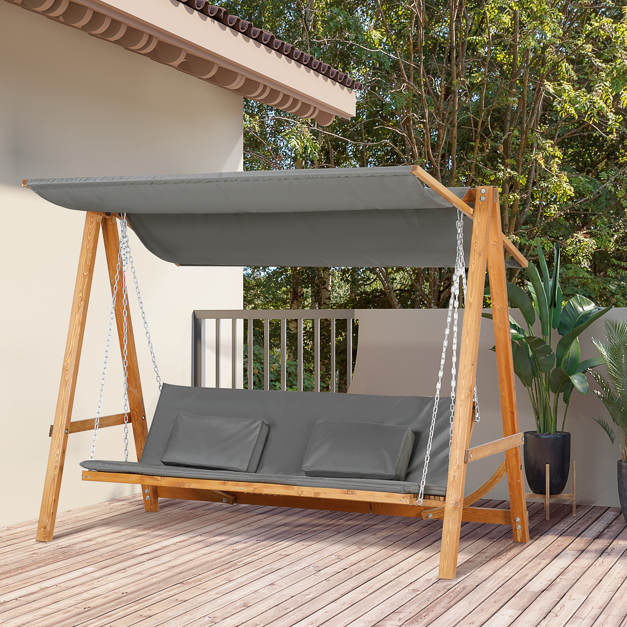 Image of Swing With Bed Function, 3-seater Garden Swing, Wood Swing With Adjustable Sun Canopy, Swing Bench Supports 240kg, Garden Lounger For Terrace, 225.5 X 130 X 180 Cm, Grey+teak