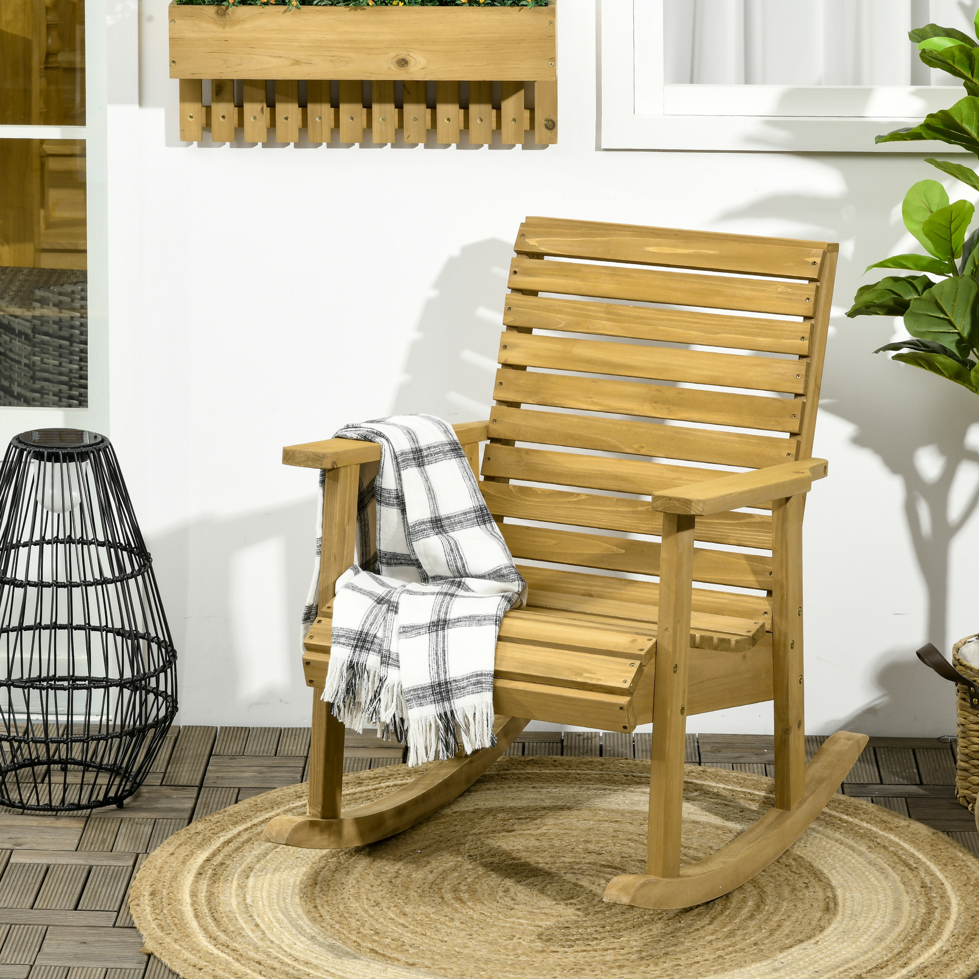Image of Rocking Chair Swing Chair With Armrest Garden Chair Relax Chair For Balcony, Terrace, Load Capacity Up To 130 Kg, Pine Wood, Light Brown 64 X 86 X 85 Cm