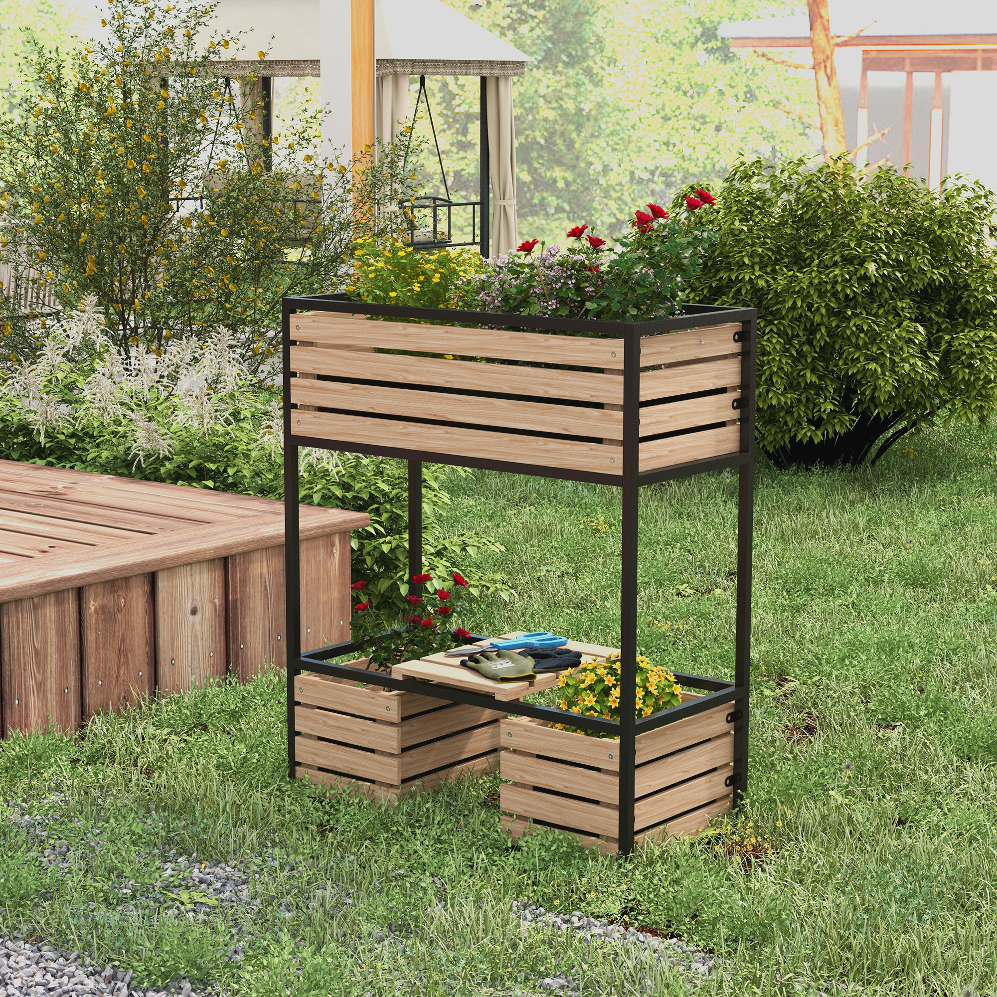 Image of Wooden Raised Bed, 2-tier Flower Box With Storage, Elevated Vegetable Bed With Inner Liner, Bed For Garden, Balcony, Light Brown, 83 X 39 X 100 Cm