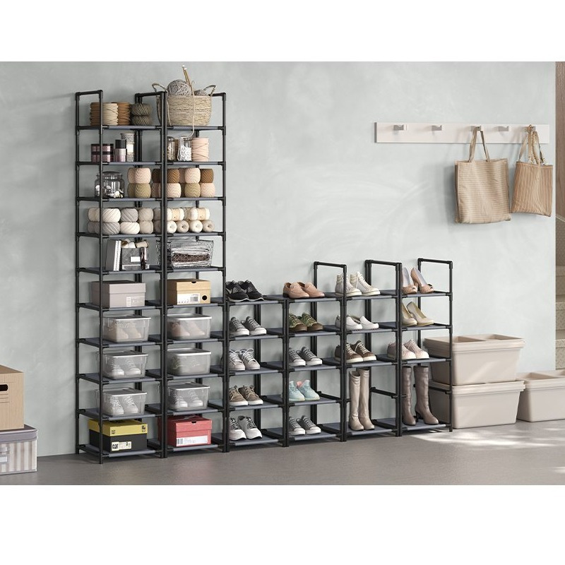 E-shop Regal, 10 Ebenen Schuhregal, Schuhablage, Schuhaufbewahrung, schmal, 33 x 33 x 173 cm, Metallgestell, Ablagen aus Vliesstoff schwarz/Grau