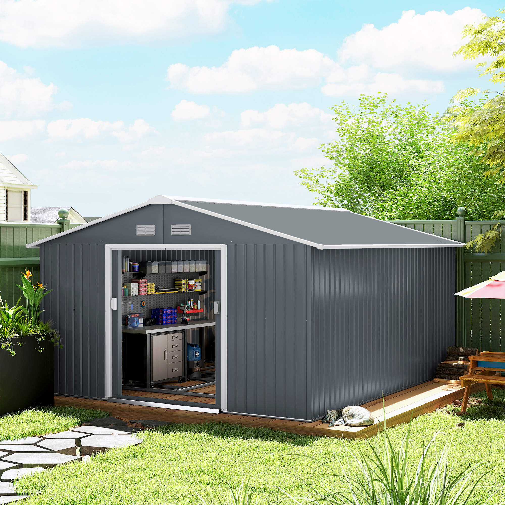 Image of Metal Device House 26.2m³ 340x386x200cm Device Shed With Gable Roof Foundation Sliding Door Weatherproof Garden House Outdoor Garden Shed Cabinet For Outdoor Area