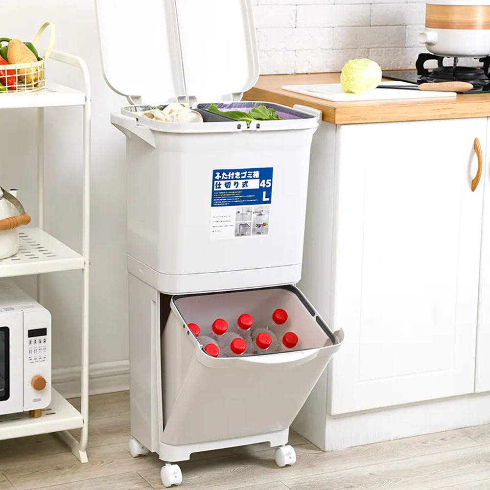 TEMU 45l 2 Tier Mobile Recycling Waste Bin Trolley Cart Large Capacity Room Rubbish Waste Bin Trash Can With Wheels