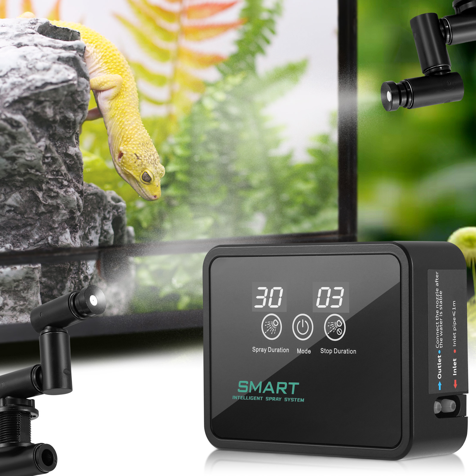 Irrigation System, Terrarium, Intelligent Terrarium Humidifier, Reptile Mist System with Timer and Spray Nozzles, 360° Adjustable Nebuliser for Amphibians, Reptiles, Plants, Flowers, Rainforest