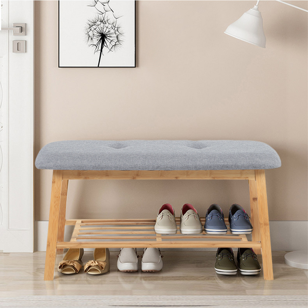 TEMU 2 In 1 Shoe Rack Bench, Bamboo Wooden Shoe Rack, Portable Shoe Changing , Upholsetered Linen Padded Seat Shoe Bench Shoe Shelf Organiser Shoe