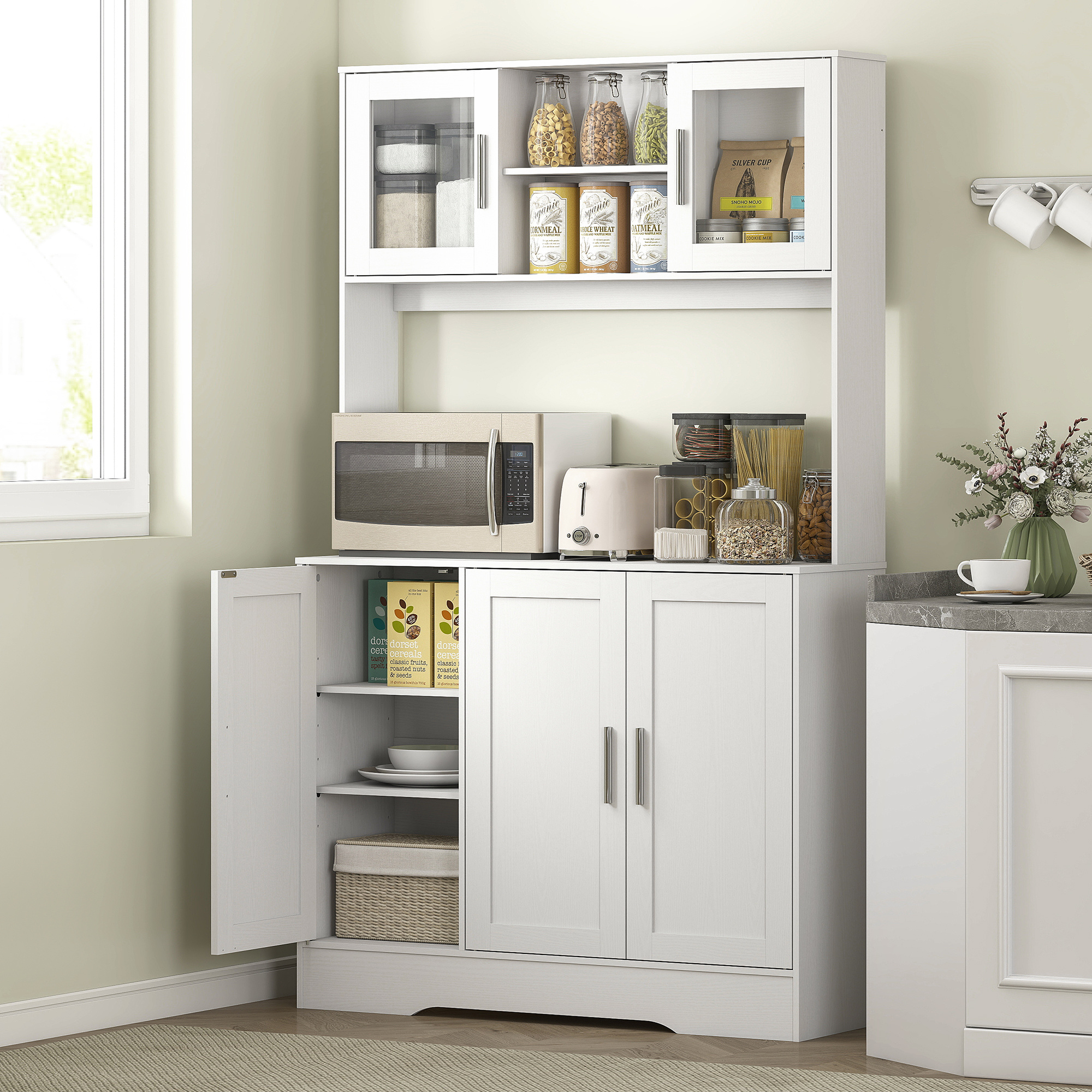 Kitchen Cabinet High Cabinet With Worktop Buffet Cabinet With Adjustable Shelves, 5 Doors, Storage Cabinet With Glass Doors, , White