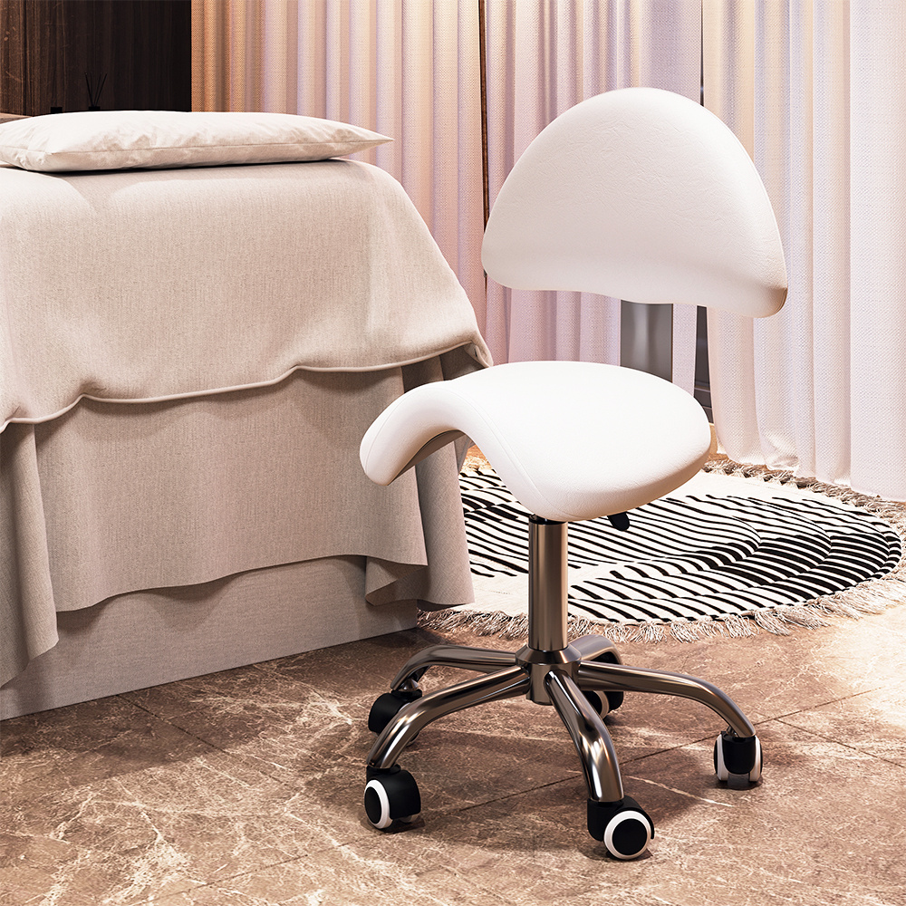 Rolling Saddle Stool with Back Support for Salon Use