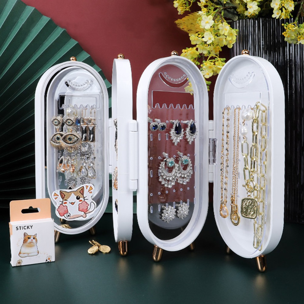Hanging Jewelry Storage Box with Foldable Screen, 4 Doors
