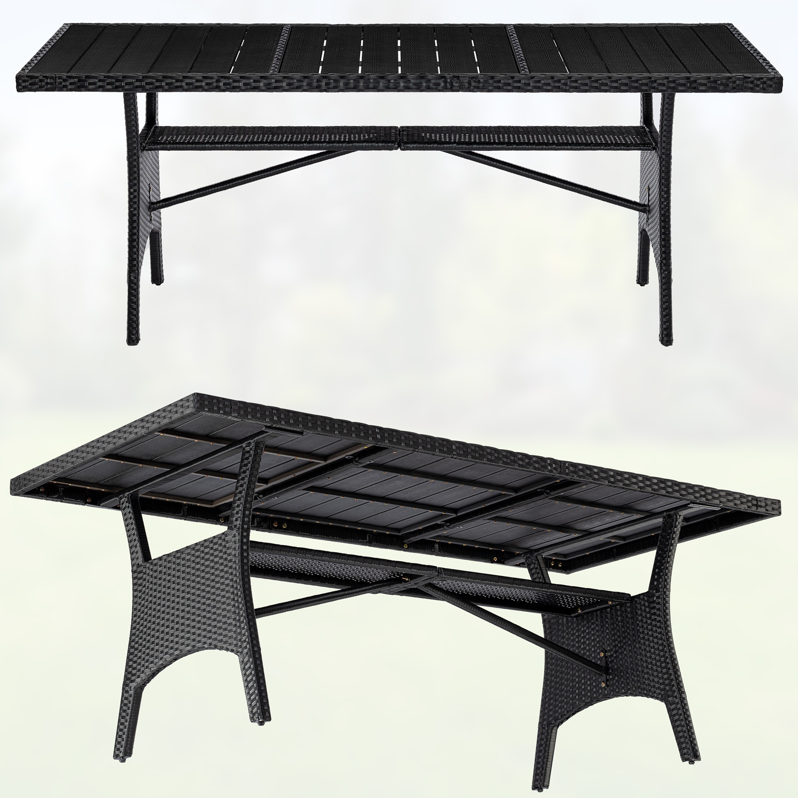 Casaria® Polyrattan Garden Table 190x90x75cm With Shelf, Wpc Tabletop, Height-adjustable, Wood Look, Weather-resistant, For Garden, Terrace, Dining, Garden Furniture