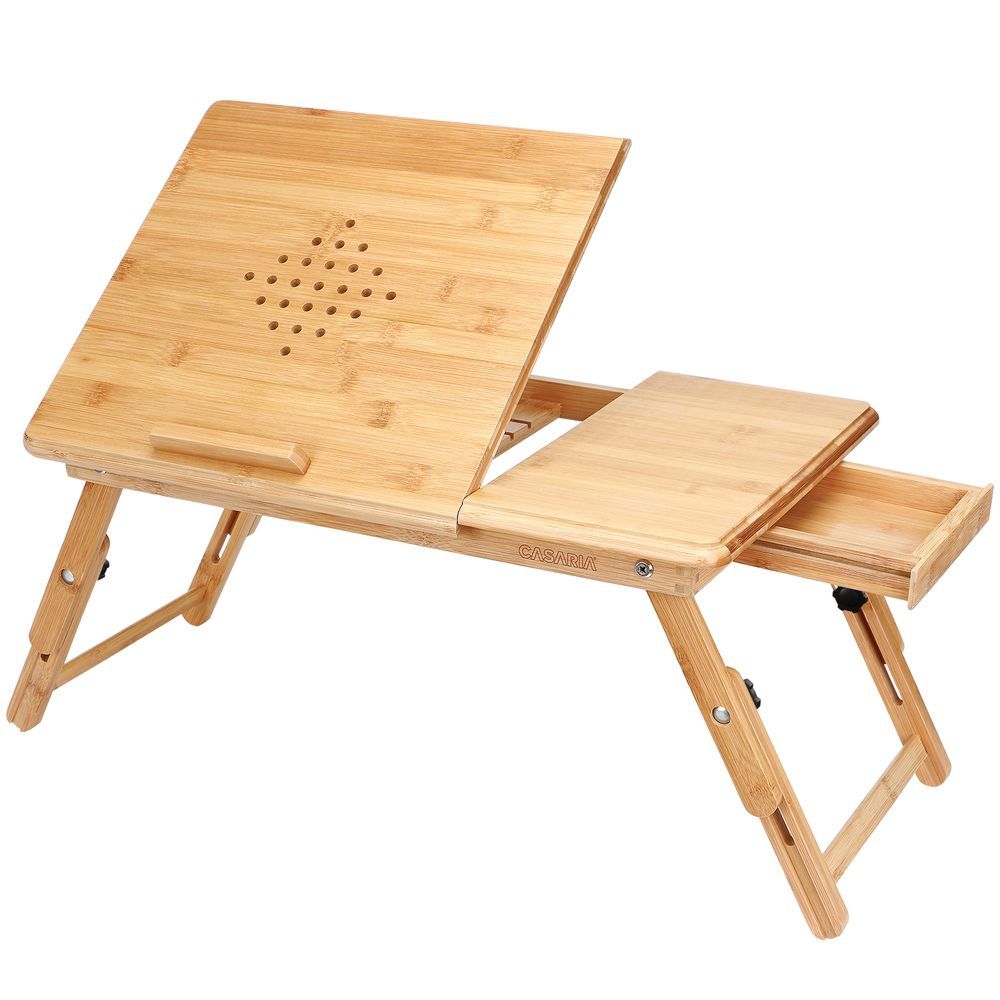TEMU CASARIA® Bureau d'ordinateur portable réglable en hauteur avec inclinaison à 5 , tiroir, trous de ventilation, support pliable en bambou pour