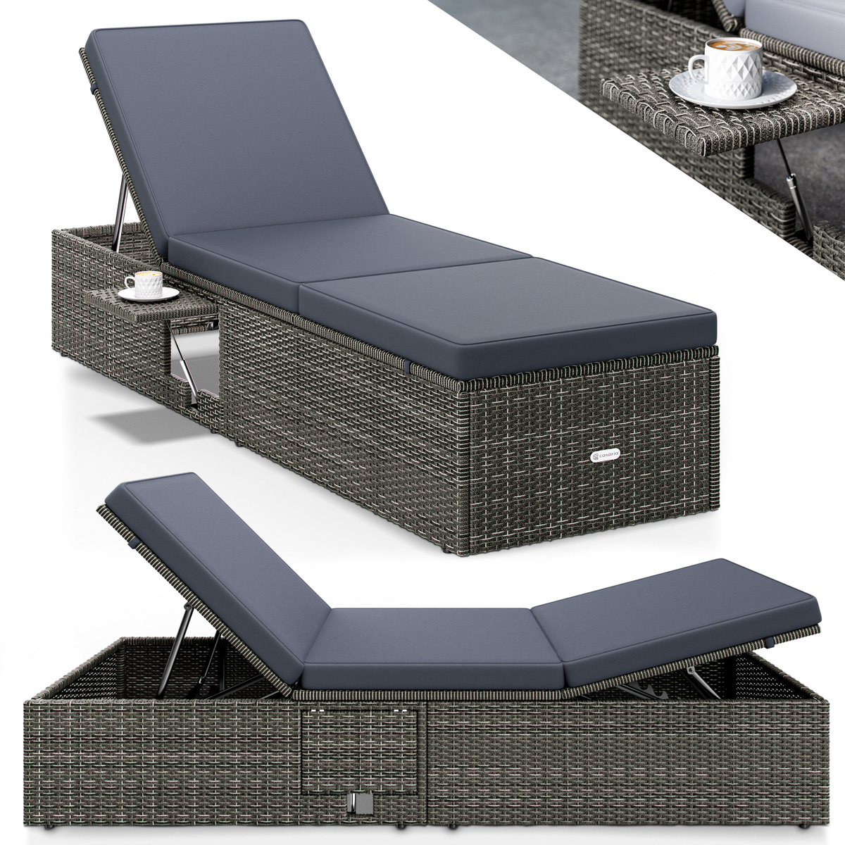 Casaria® Sun Lounger With Folding Table 7cm Cushion Weather-resistant Garden Furniture 160kg Load Capacity Poly Rattan 200x58cm