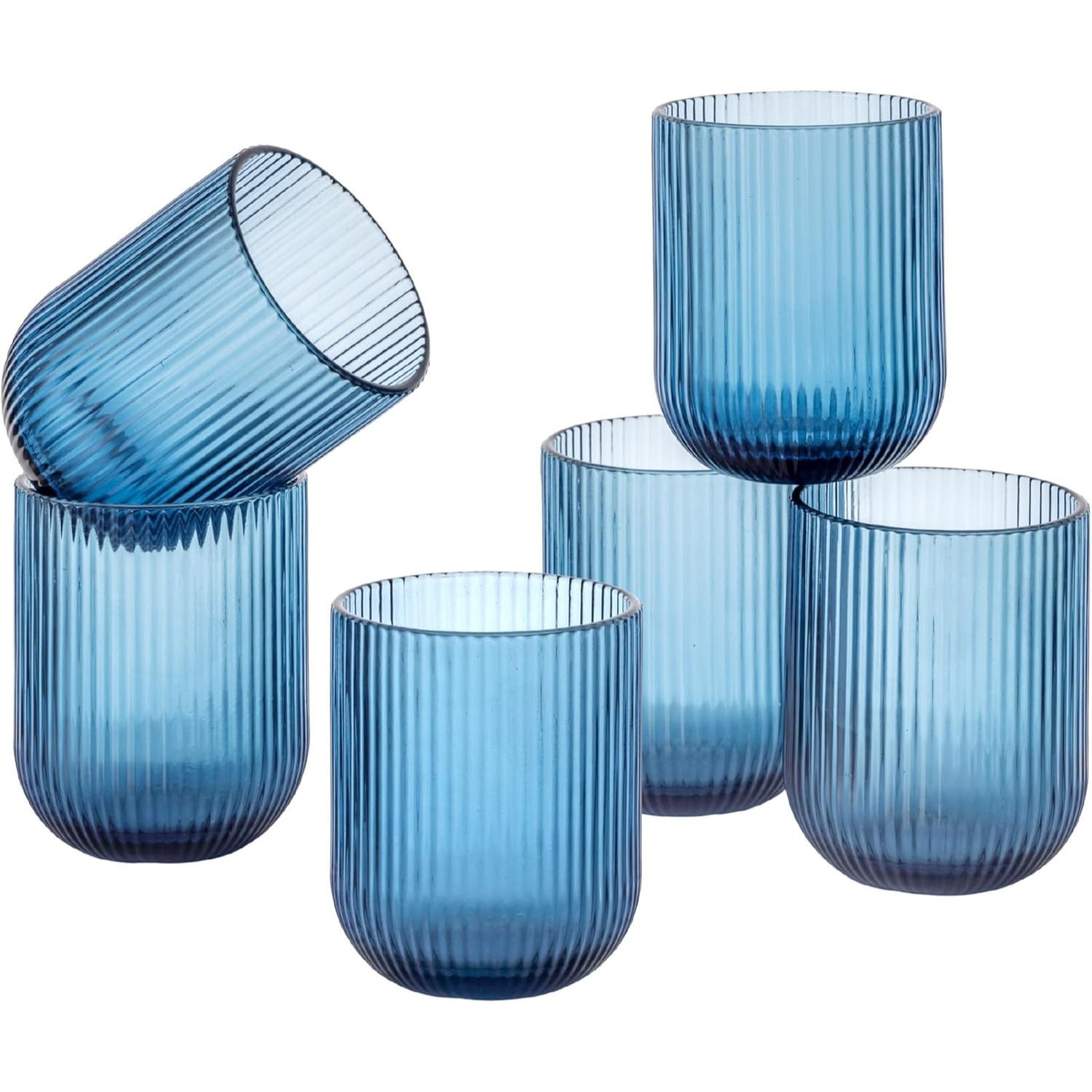 TEMU Baroni Home Set 6pcs Colored Glass Water Glasses Green 30 Cl - Elegant Glasses With Stripes, And , Ideal For Water, Soft Drinks And Cocktails -