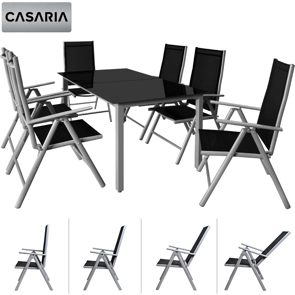 Casaria® Garden Furniture Set With 6 Chairs And 140x80cm Wpc Table, Aluminum Safety Glass, Weatherproof, Foldable, Modern Patio Balcony Seating Group, Bern