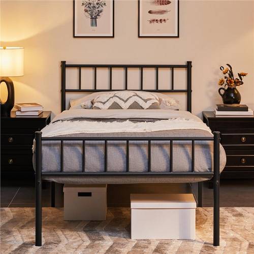 modern metal bed frame with headboard and footboard with storage space for apartment bedroom