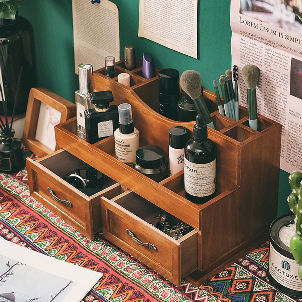 TEMU 1pc Versatile Multipurpose Desktop Organizer - Vintage - Style Wooden Storage Box | Stationery, Sundries, Makeup Brushes Holder With 2 Drawers |