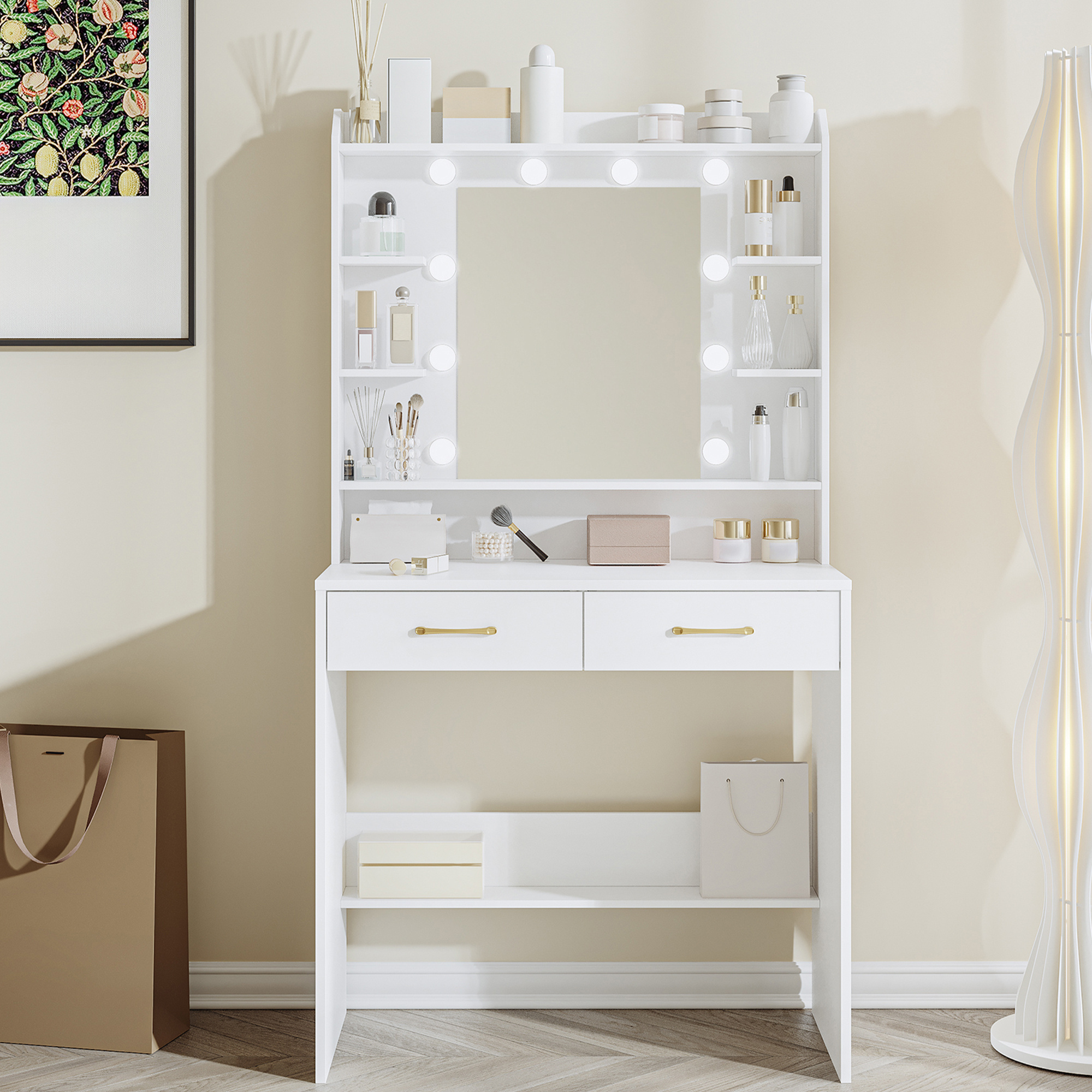 TEMU Jewelry cabinet,Tocador de Maquillaje, con Espejo y luz LED, Estilo Moderno, Estación de Maquillaje con Estantes Abiertos y 2 Cajones, para