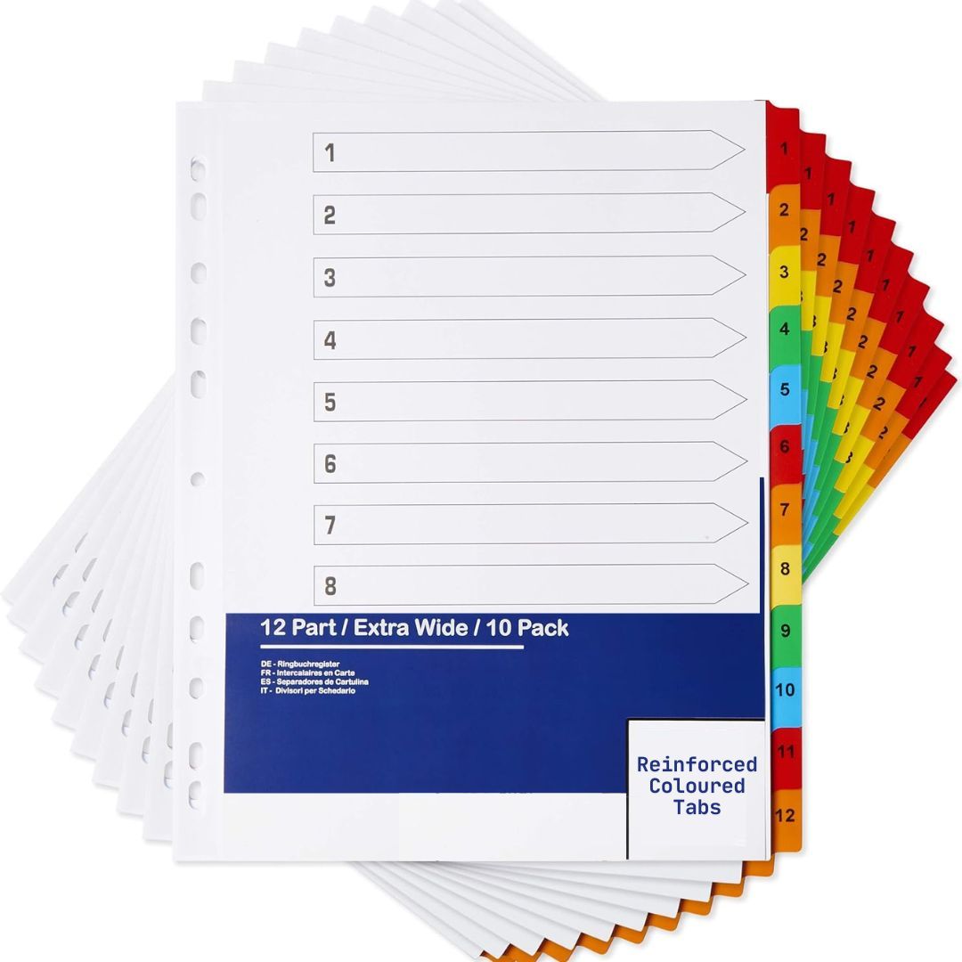 TEMU 10 Pack A4+ Extra Wide 12 Part File Dividers A4+ Extra Wide 12 Part Numbered Subject Dividers Mult Reinforced Colour Tabs 150gsm