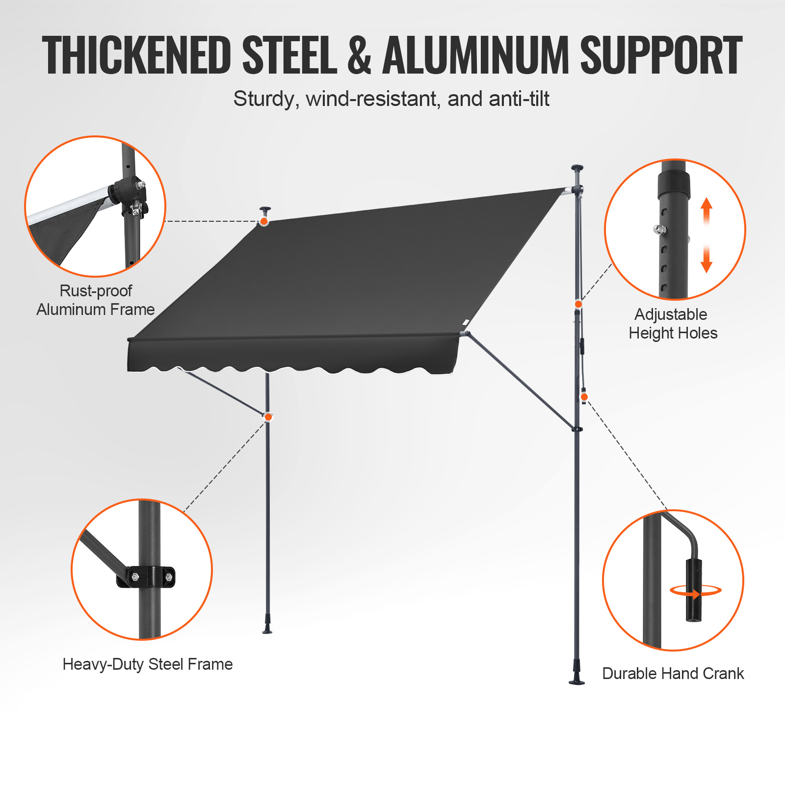 Vevor Clamp Awning 250 X 120 Cm, Balcony Awning With Hand Crank, Sun Awning, Patio Canopy, Deck, Height Adjustable From 218 To 309 Cm, Awning For Patio, Balcony, Garden, Black