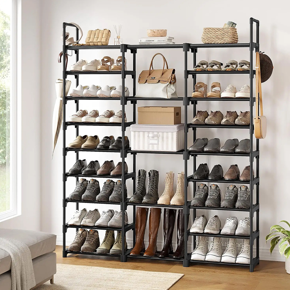 TEMU Black 9 Tiers 3 Row Large Capacity Shoe Rack Storage Organiser, Versatile Metal Shoe Storage Shelf For Up To 50 Pairs Shoes And Boots, Free