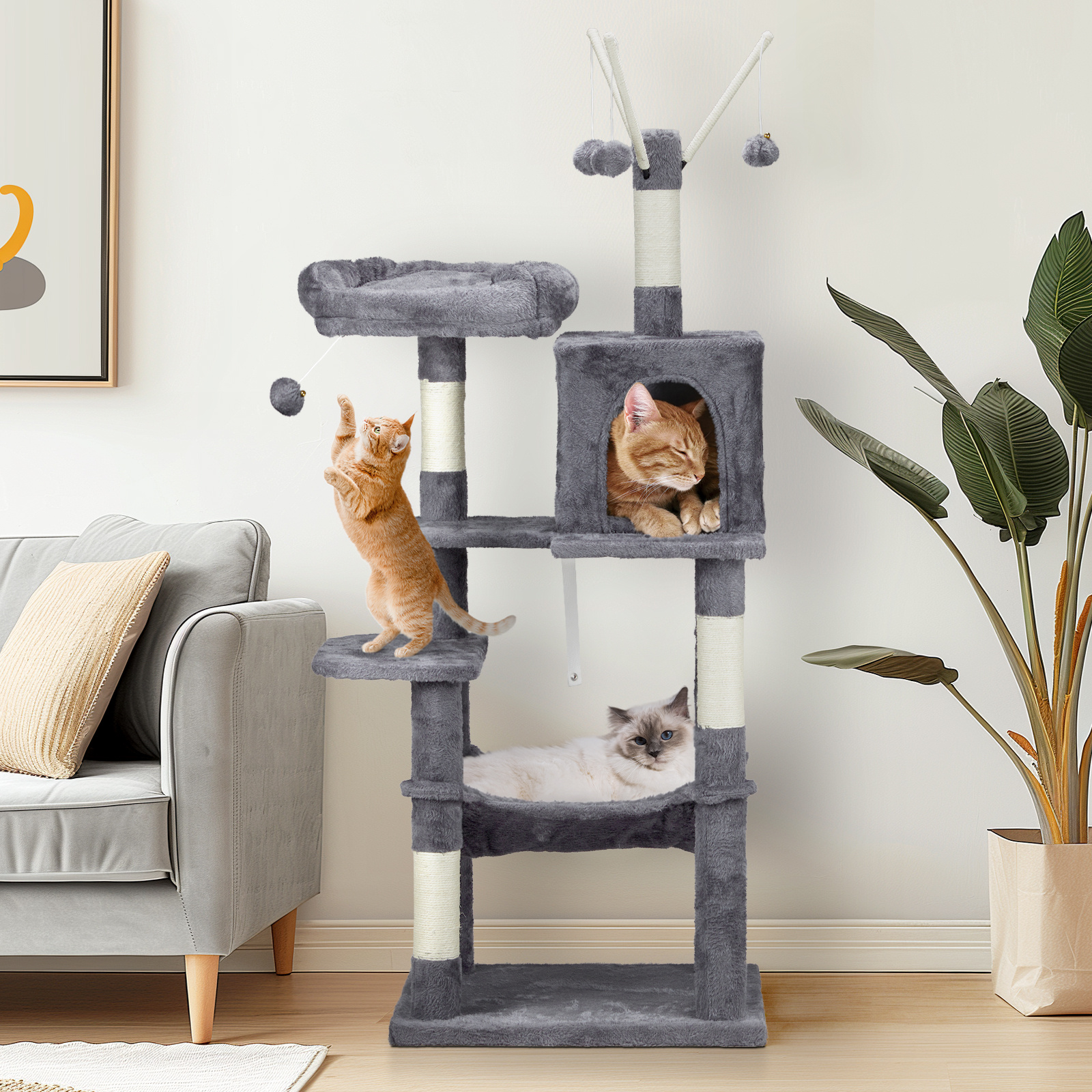 Bonnlo Large Cat Tree, 135cm Tall Cat Tower, Multi-level Cat Scratching Post With 2 Caves, 3 Platforms Cat Toy, Plush, Dark Grey