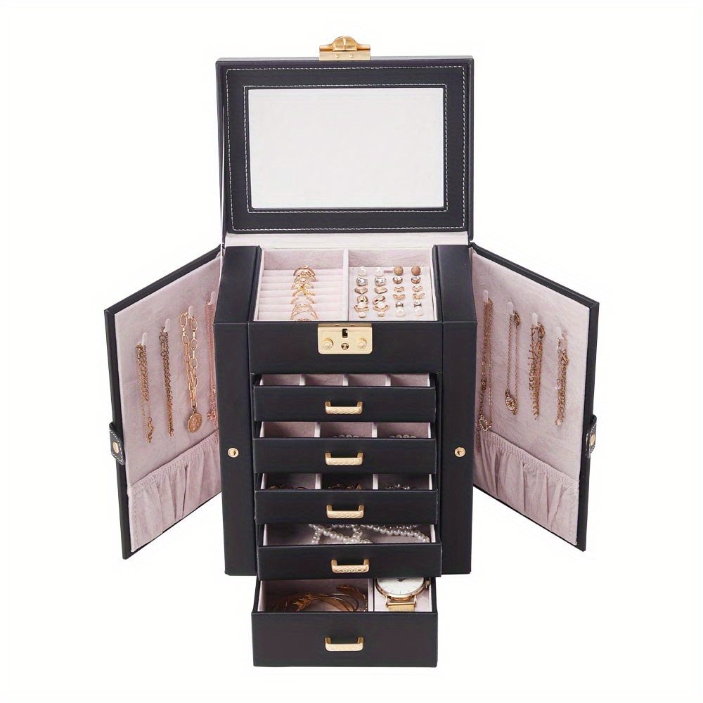 TEMU Jewellery Box 6 Tiers, Jewellery Case With 5 Drawers, Large Storage Capacity, With Mirror, Lockable, Jewellery Storage Organiser, Gift For , For