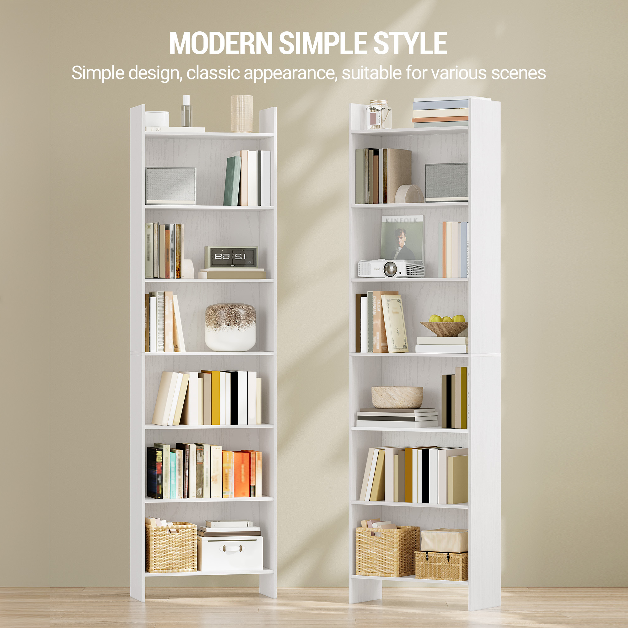 Image of Bookshelf, Shelf, Freestanding Shelf, Office Shelf, With 7 Compartments, Open, For Living Room, Study, Office, As Room Divider, 24 X 48 X 198.6 Cm, White