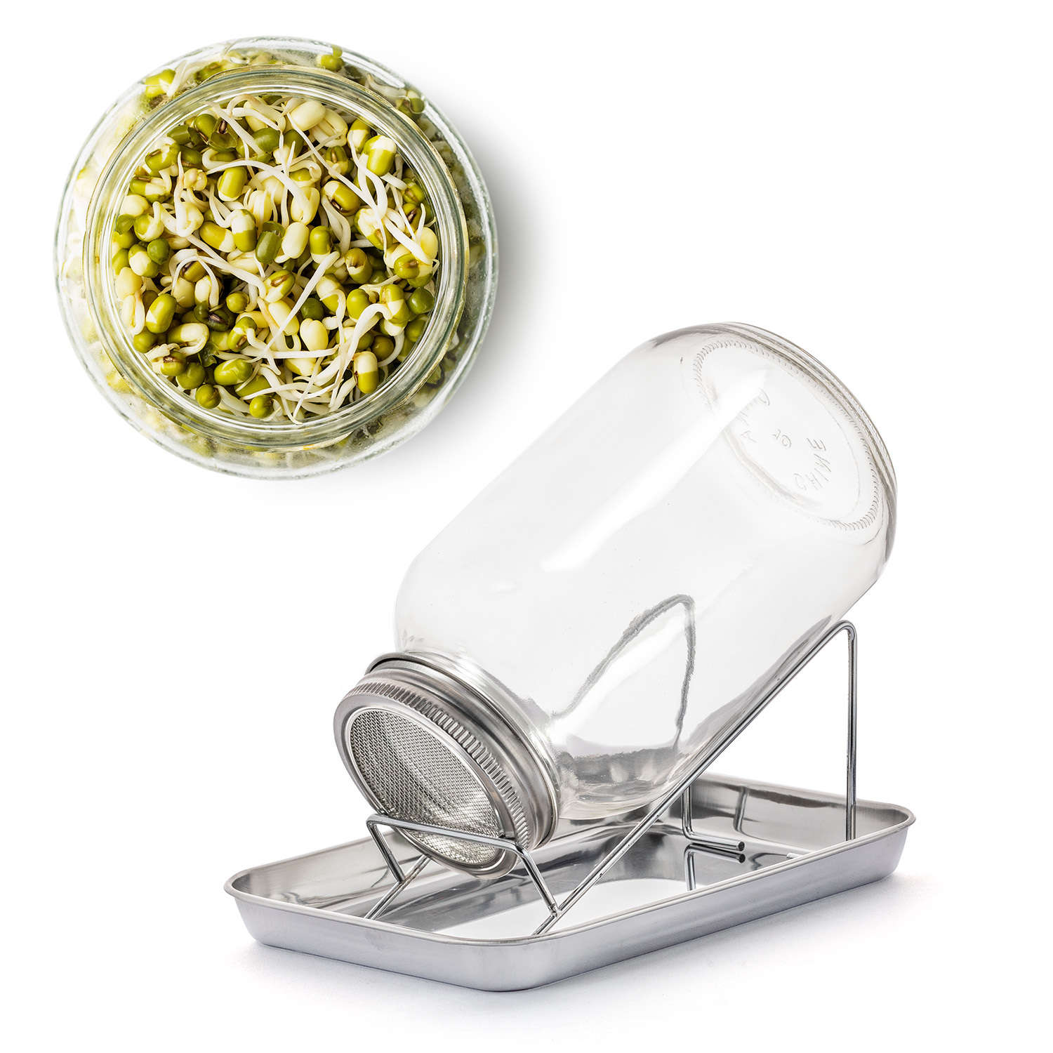 Sprouting Jar Set 1000ml - With Stainless Steel Mesh Lid + Stand - Sprouting Kit For Sprouts & Seedlings