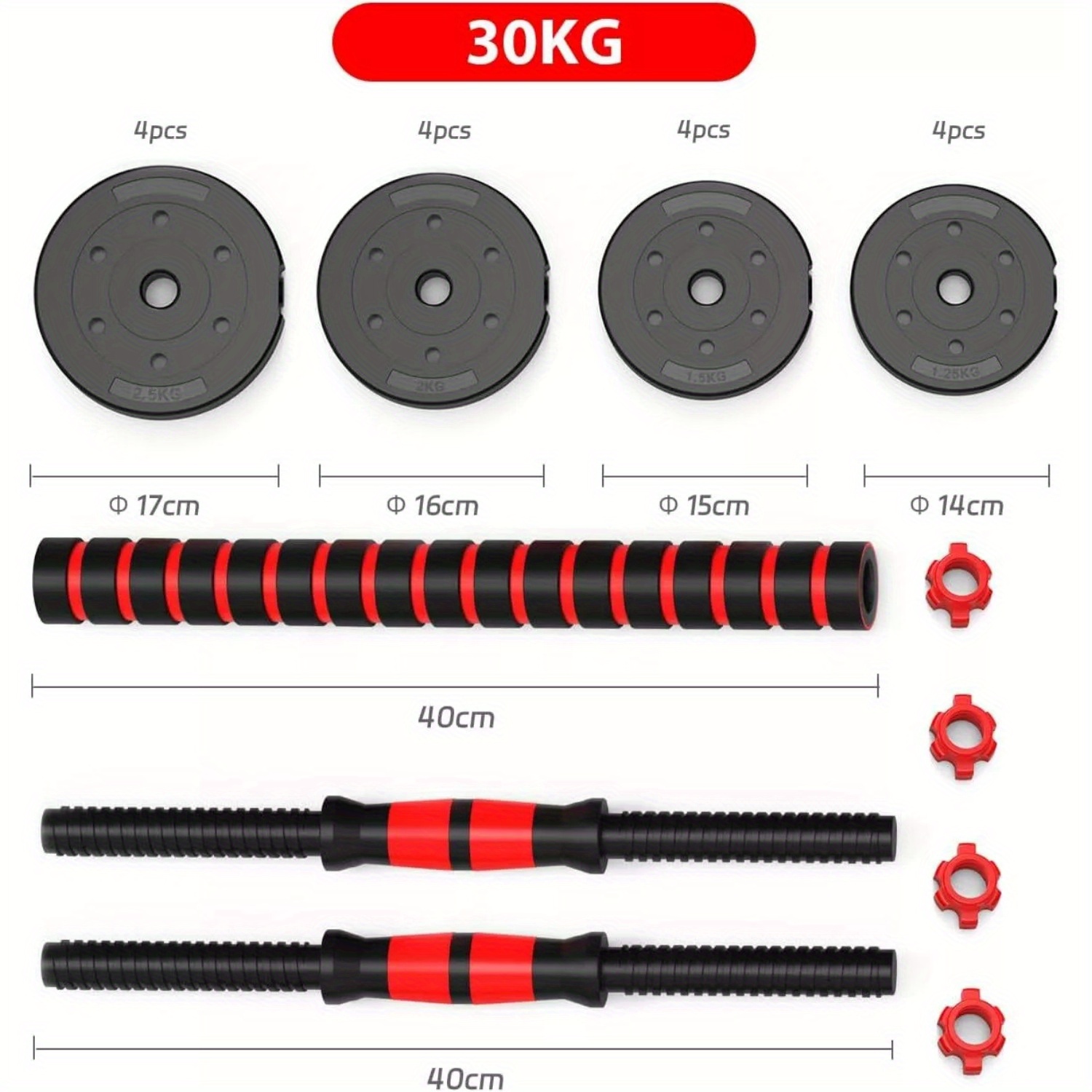 30Kg Dumbbell Set with Barbell and Weight Plates for Strength Training