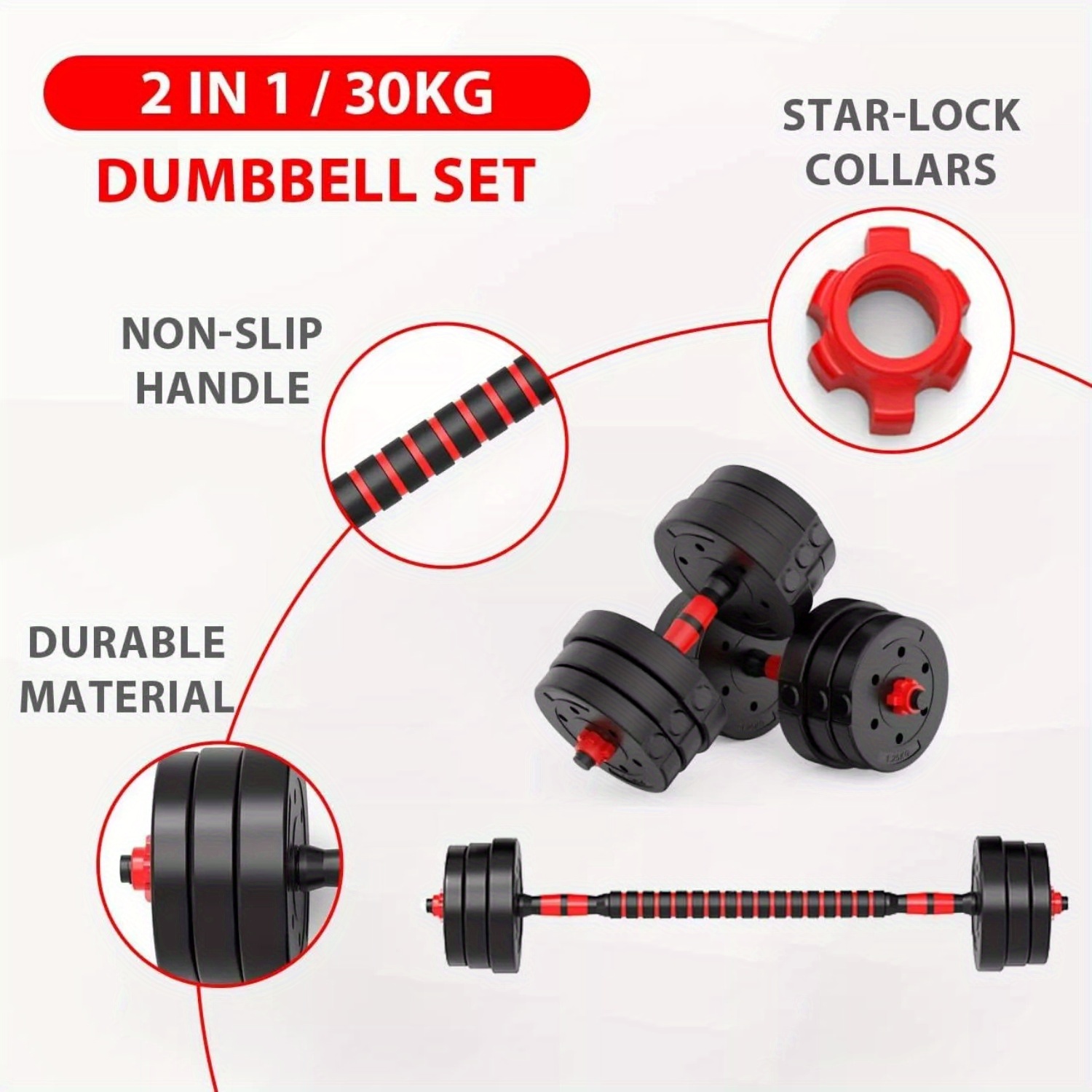 30Kg Dumbbell Set with Barbell and Weight Plates for Strength Training