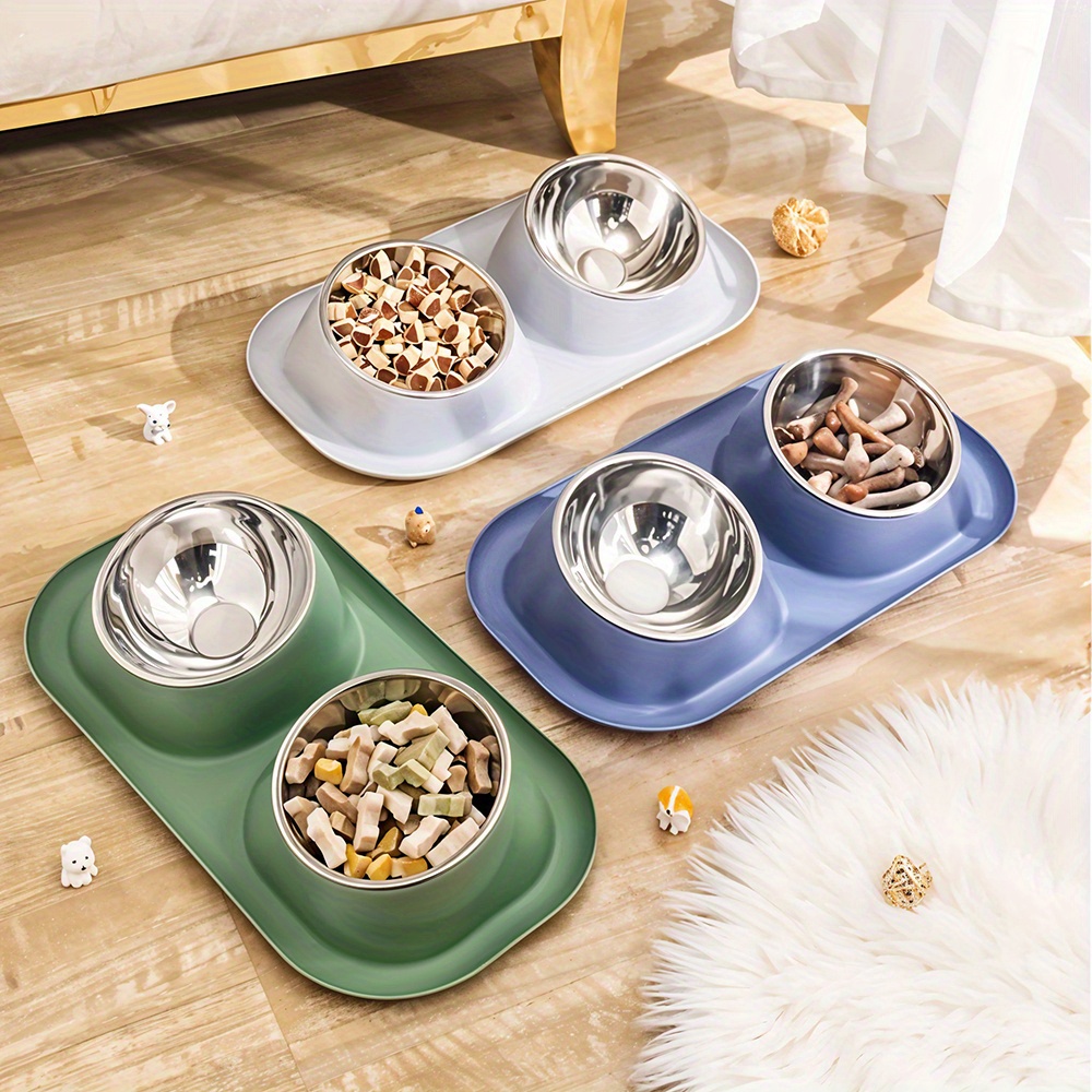 Double Dog Bowl Raised Dog Food Bowl Non Slip Stainless Steel Double Bowls with Non-spill for Small Dogs and Cats, 41*23*9cm, 3 Colours Available