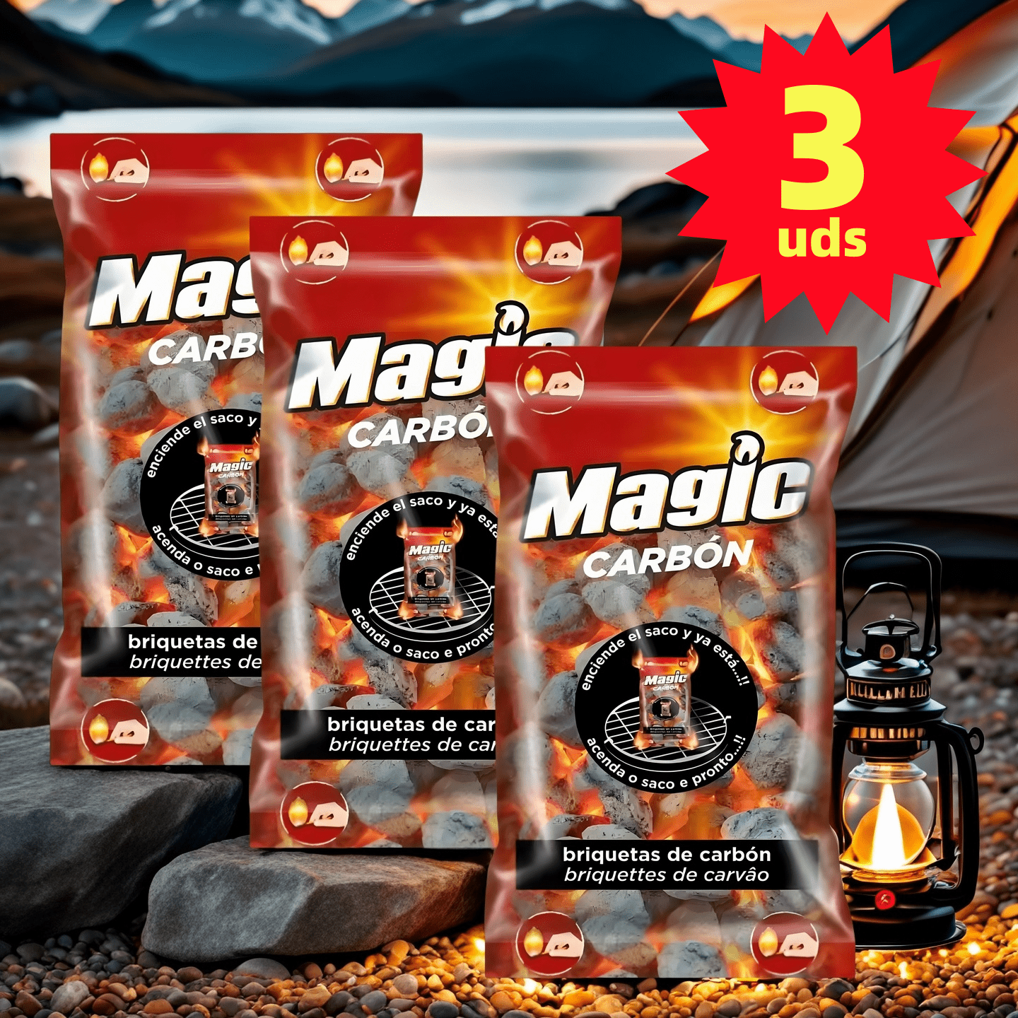 Mágico - Bolsa de Briquetas de Autoignición (1.4Kg) - Quema 2 Horas - Encendido Limpio Fácil para , para BBQ, Camping y Senderismo, Marca Mágica