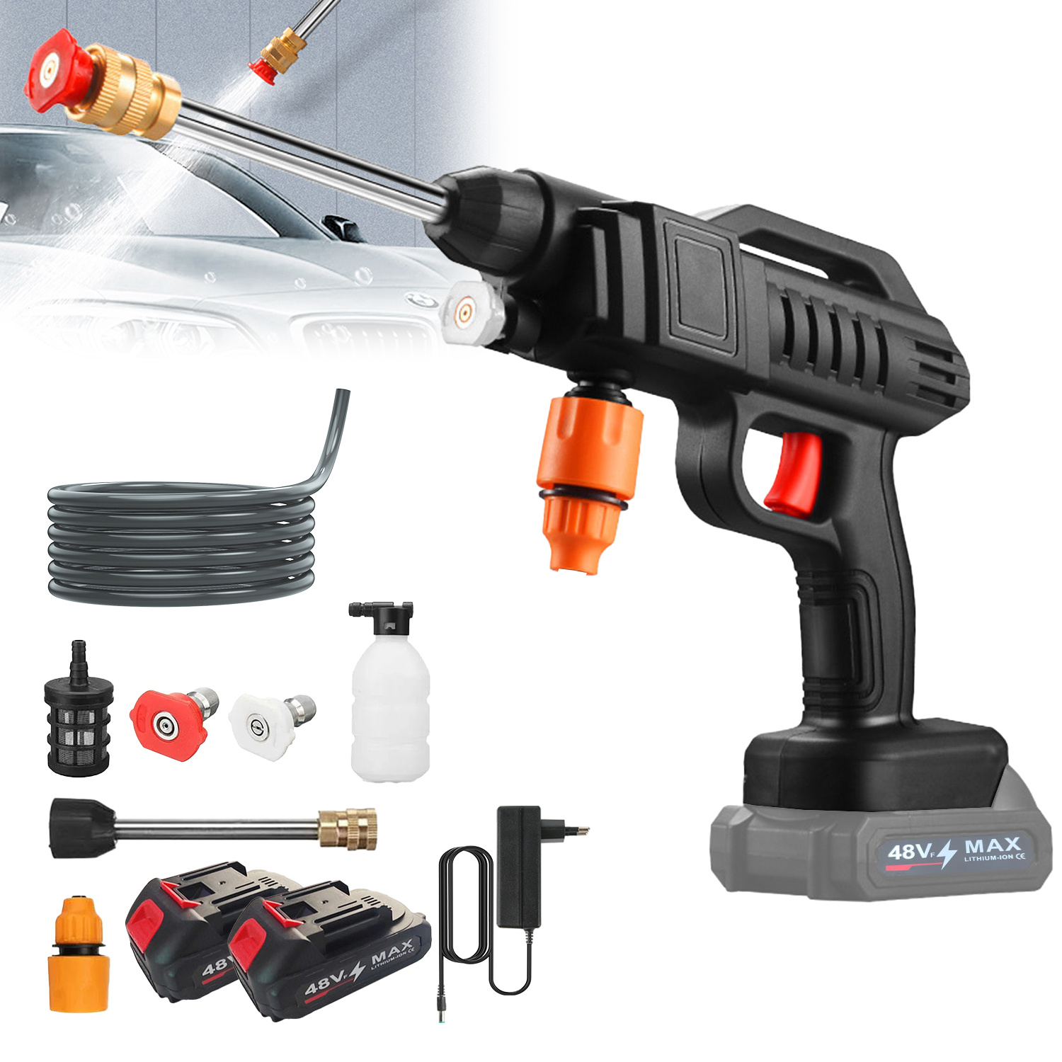 1500W Wireless High Pressure Cleaner, Car Washing Spray Water Gun, Pressure Water Cleaner 40-50 Bar for Car Garden Patio, with 5M Outlet Pipe, 2 Type Nozzles, Accesories Kit