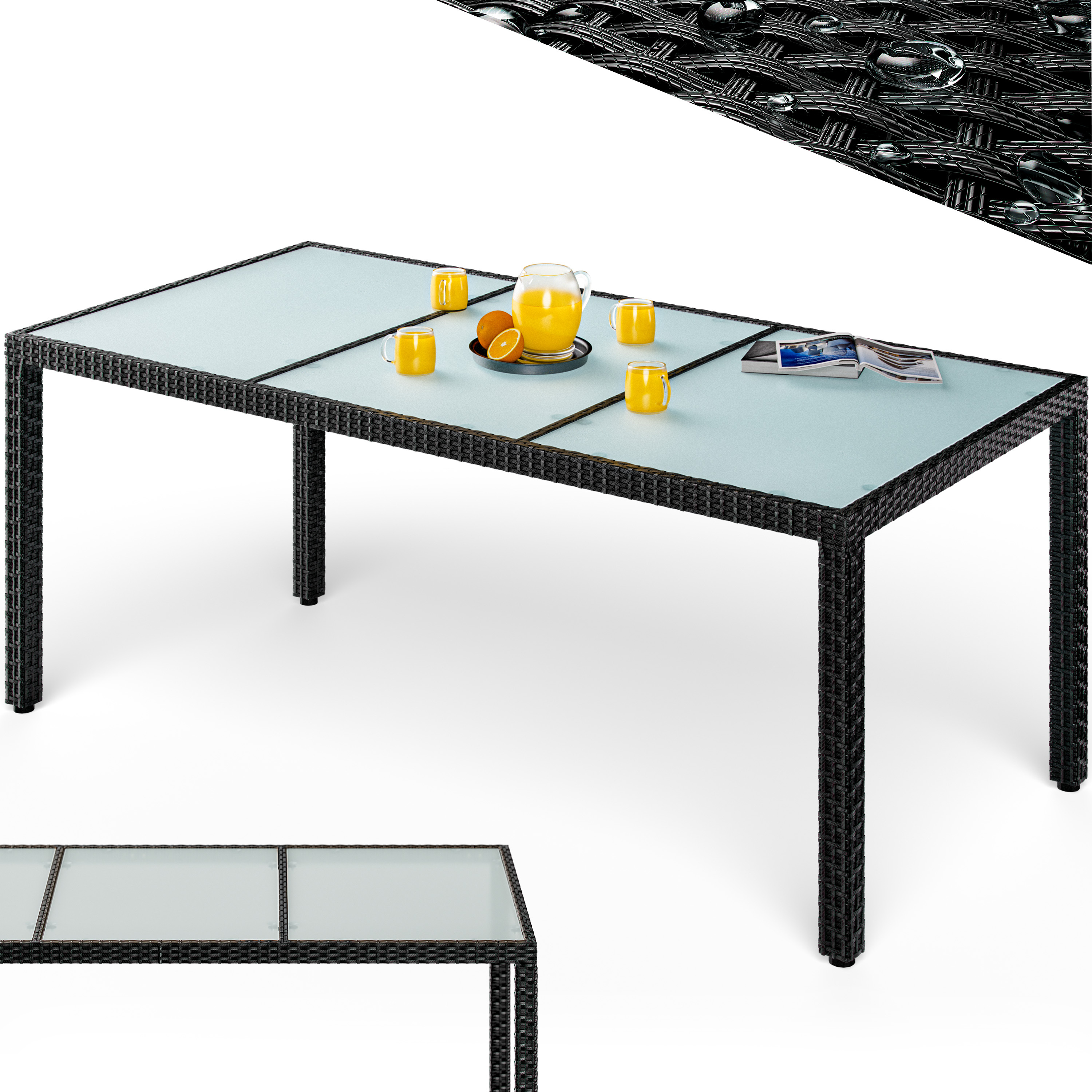 Casaria® Garden Table Weather-resistant 190x90x75cm Poly Rattan Height-adjustable 5mm Safety Terrace Dining Table Outdoor Table Garden Furniture Black