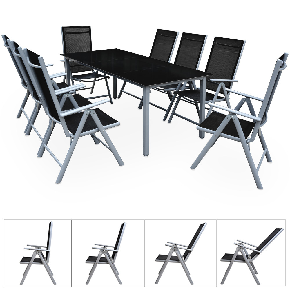 Casaria® Garden Furniture Set With 8 Chairs And 190x90cm Table, Aluminum Safety Glass, Weatherproof, Foldable, Modern Patio Balcony Seating Group, Bern