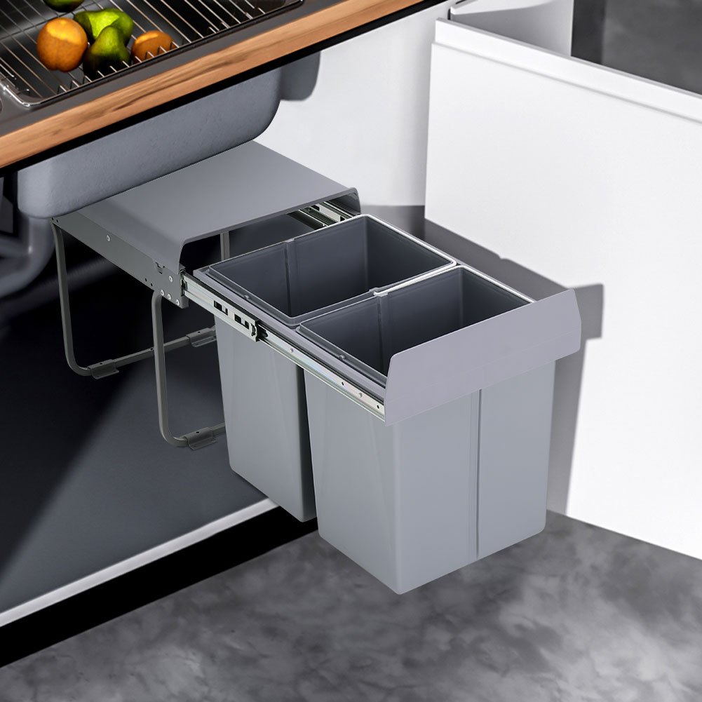 TEMU Large Capacity Pull-out Trash Can - 2x20l Divided Waste Bin For 400mm Kitchen Cupboards - Hidden Pull-out , Space-saving Design