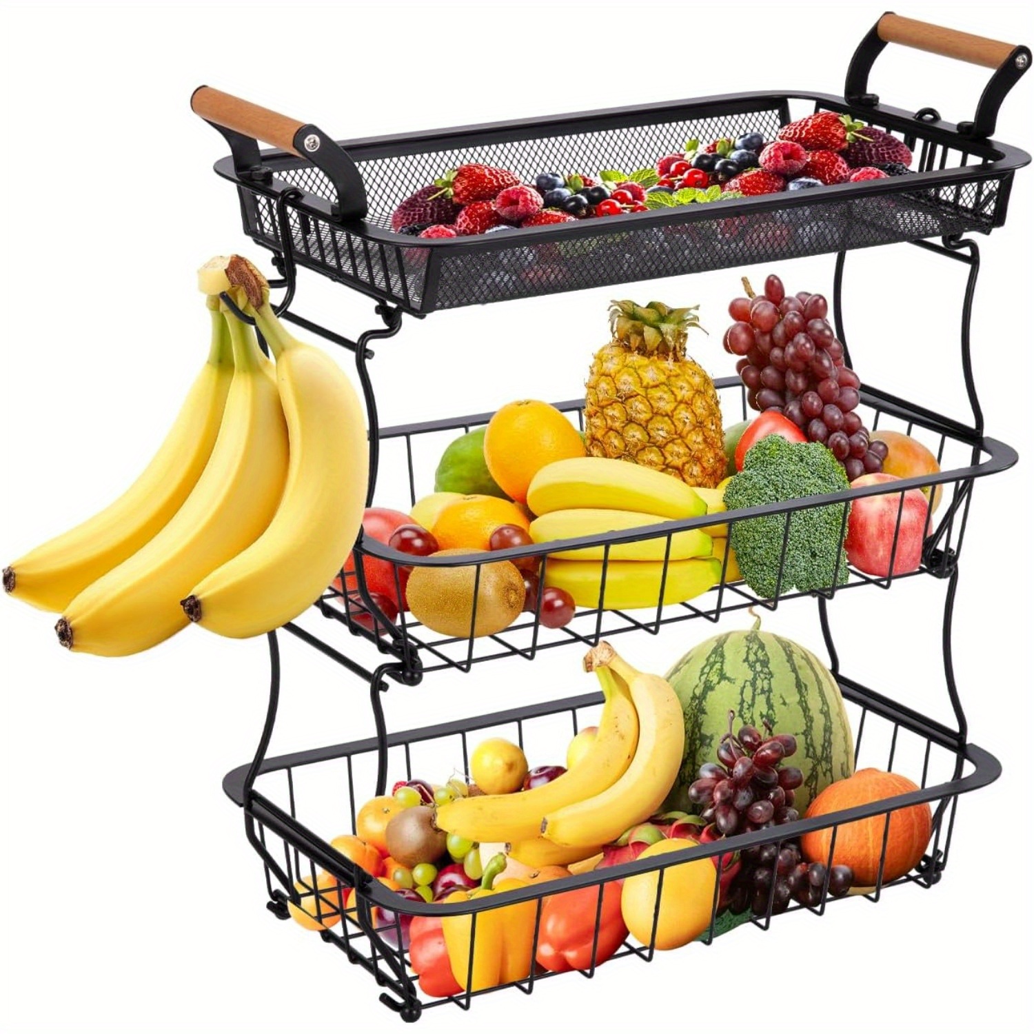E-shop Obstkorb mit 3 Ebenen und 2 Bananenhaltern Großer Metall-Gemüsekorb für die Küche