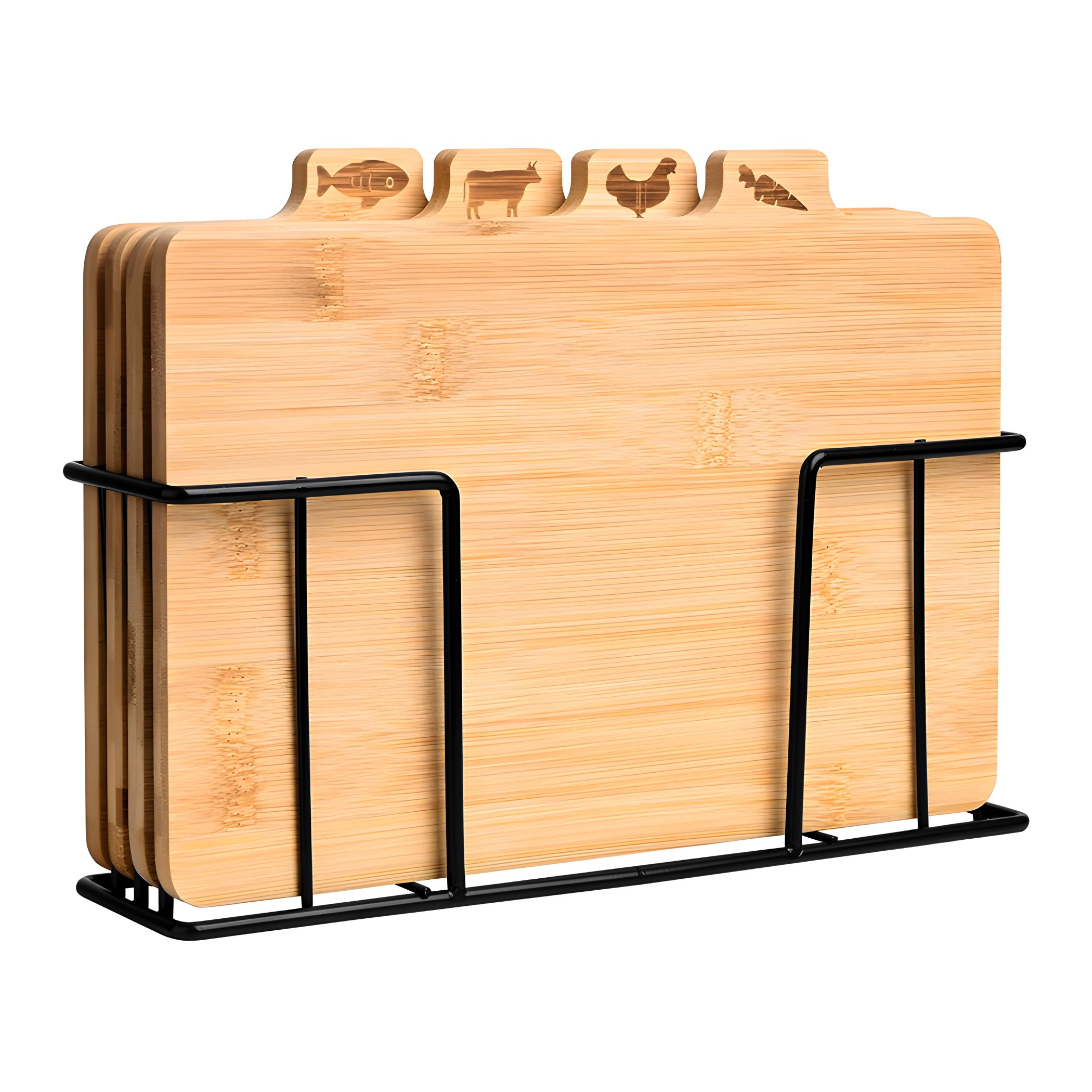 TEMU 4 Planches de Coupe RETOO , Bambou sur Support, Bois pour Légumes, Viande, Poisson et Volaille, Organisateur en Métal pour Planches, Ensemble de