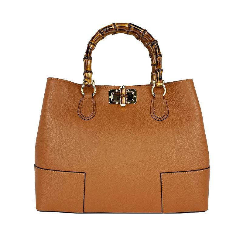 Image of Handbag In Real Leather With Bamboo Handles Made In Italy, Women's Handbag, Bamboo Leather Bag