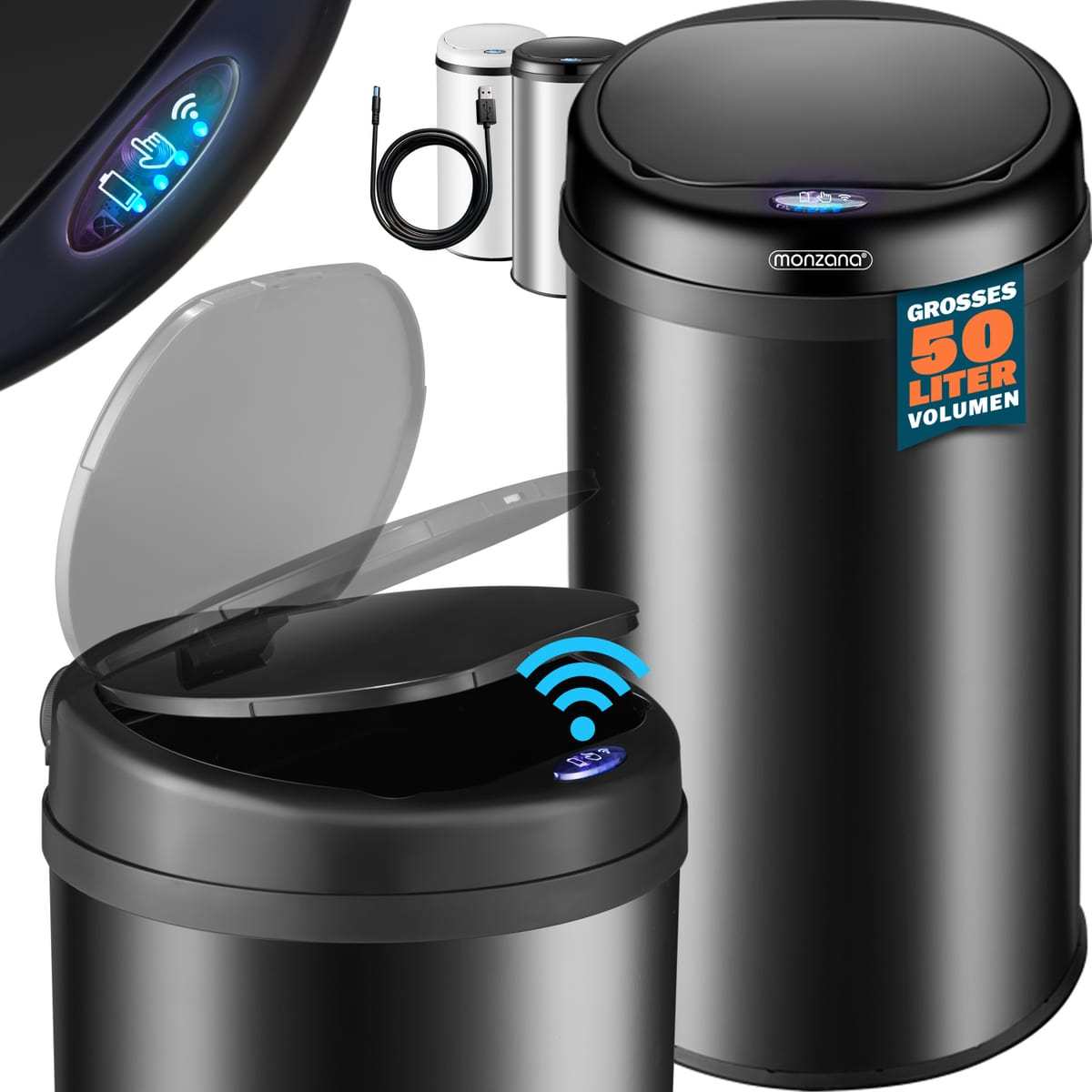 TEMU MONZANA® de basura de cocina con , sensor, 50L, acero inoxidable, cable de carga USB, sin , higiénico, papelera, contenedor de residuos