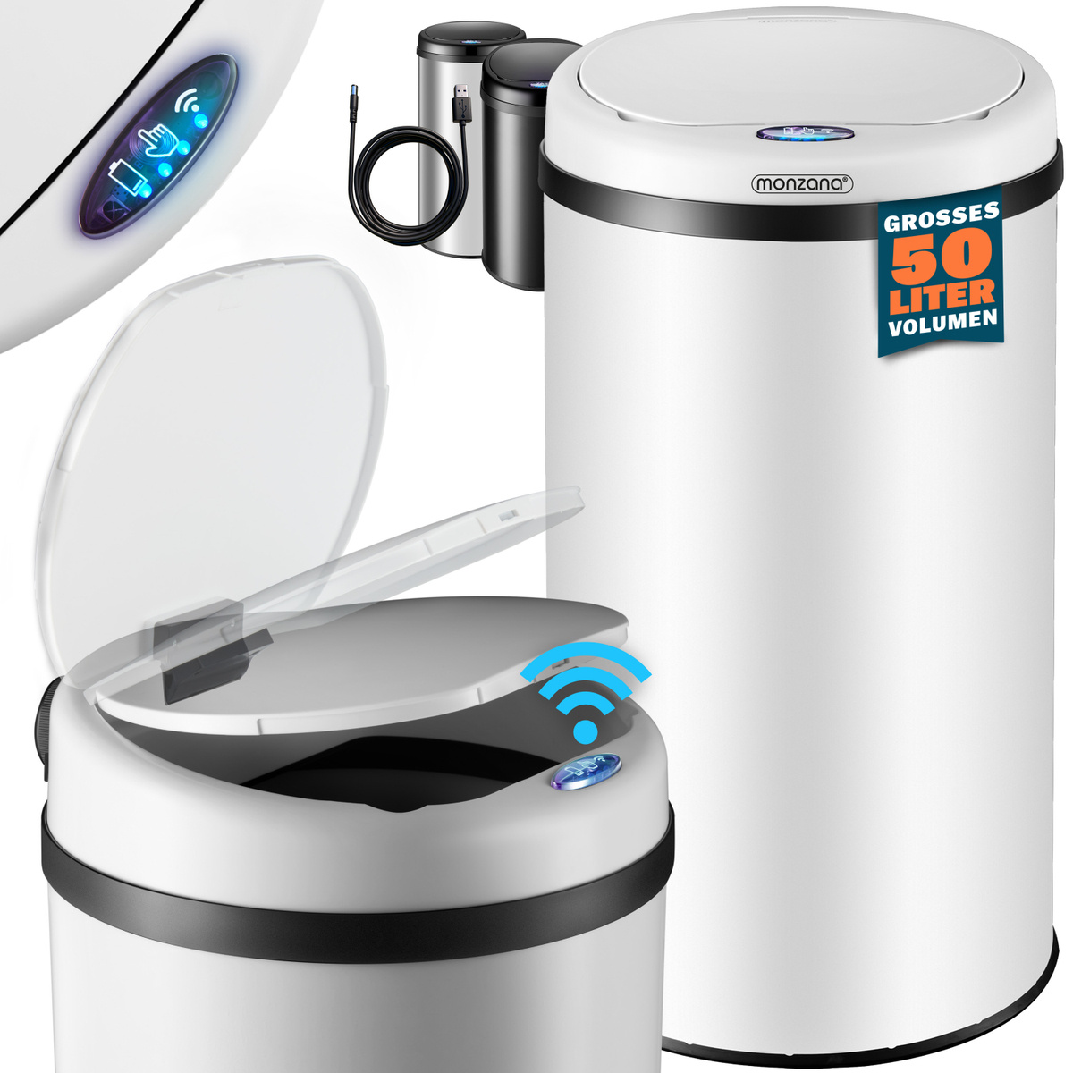 TEMU MONZANA® de basura de cocina con , sensor, 50L, acero inoxidable, cable de carga USB, sin , higiénico, papelera, contenedor de residuos