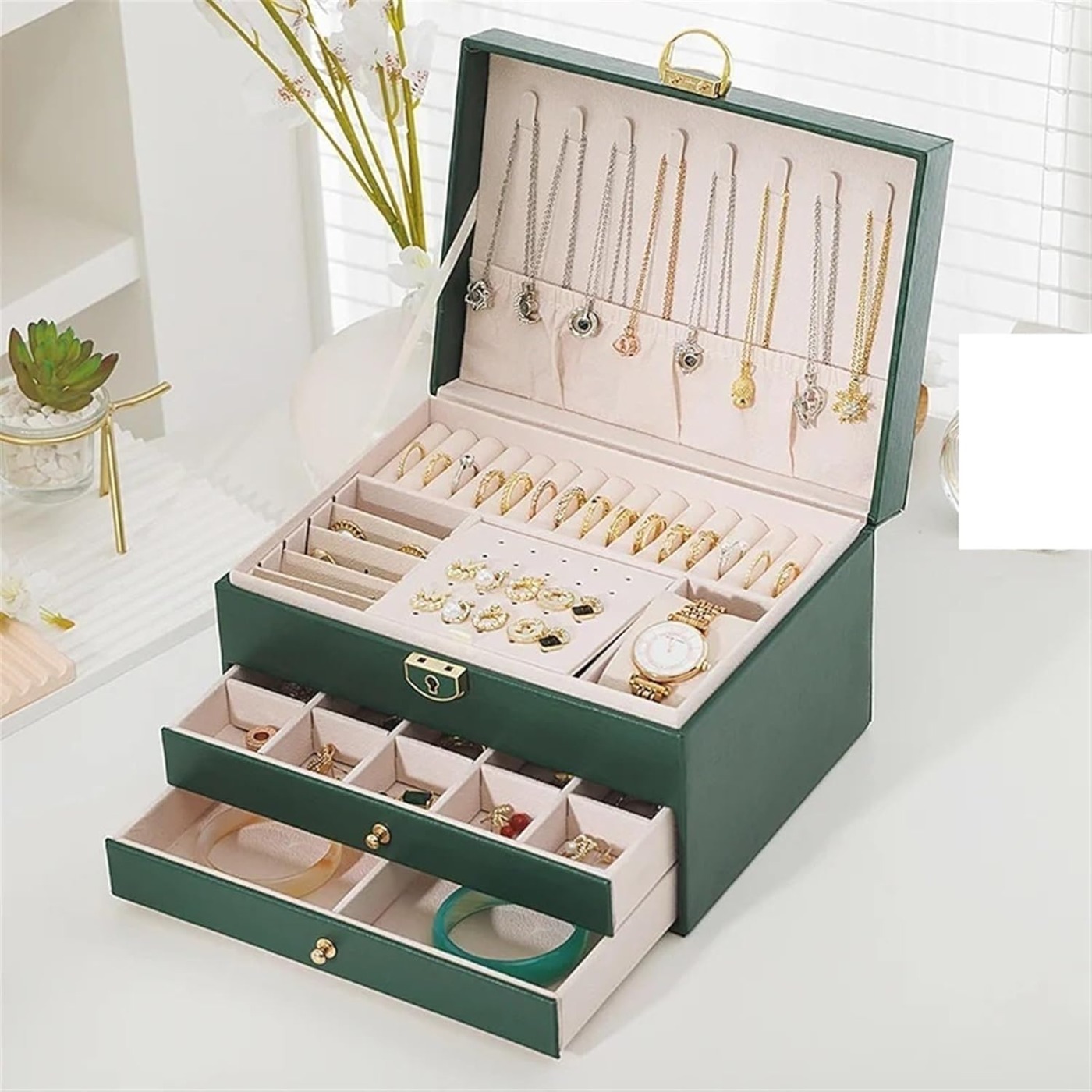 TEMU Large Capacity Jewellery Box, Jewellery Organiser With 2 Drawers, Necklace Hooks, Lockable Necklace Earring Ring Bracelets Storage Jewelry Box